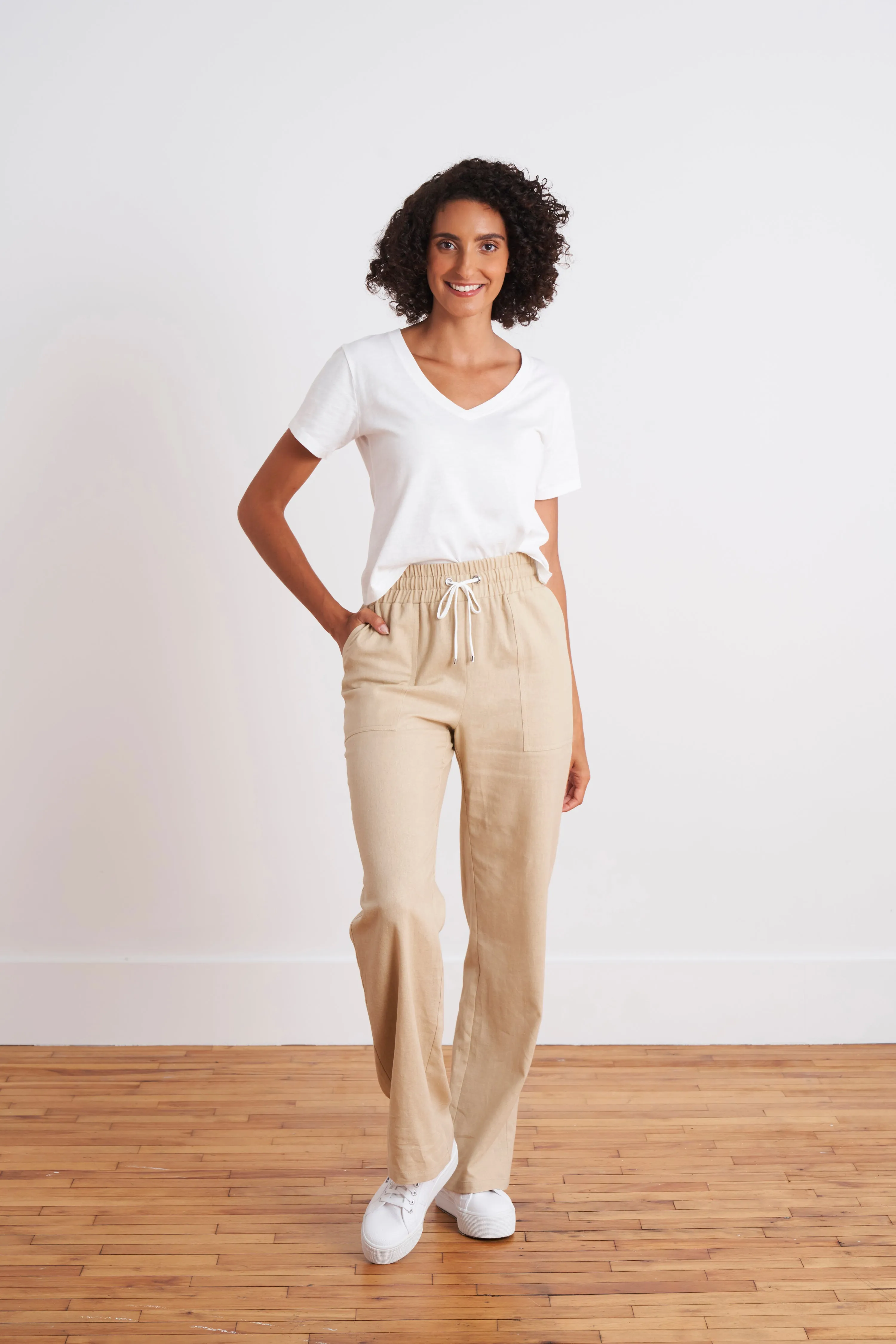 Laundered Linen Pants with Wide Elastic for Tummy Control and Adjustable Drawstring (Oatmeal)