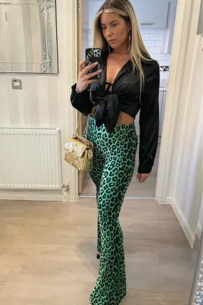 Laurie green animal print flared high waist trousers