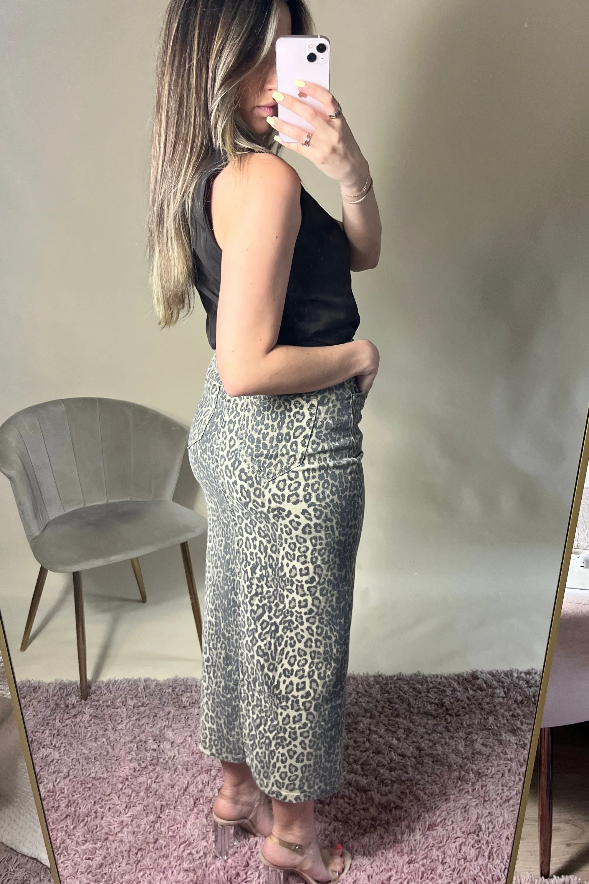 Leopard print denim midi skirt