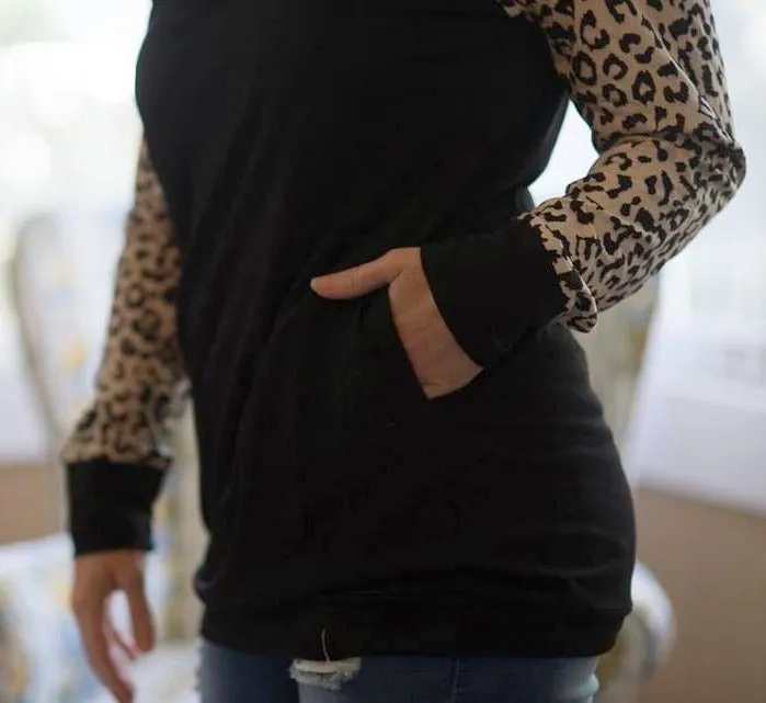 Leopard Raglan Pocket Top, Black