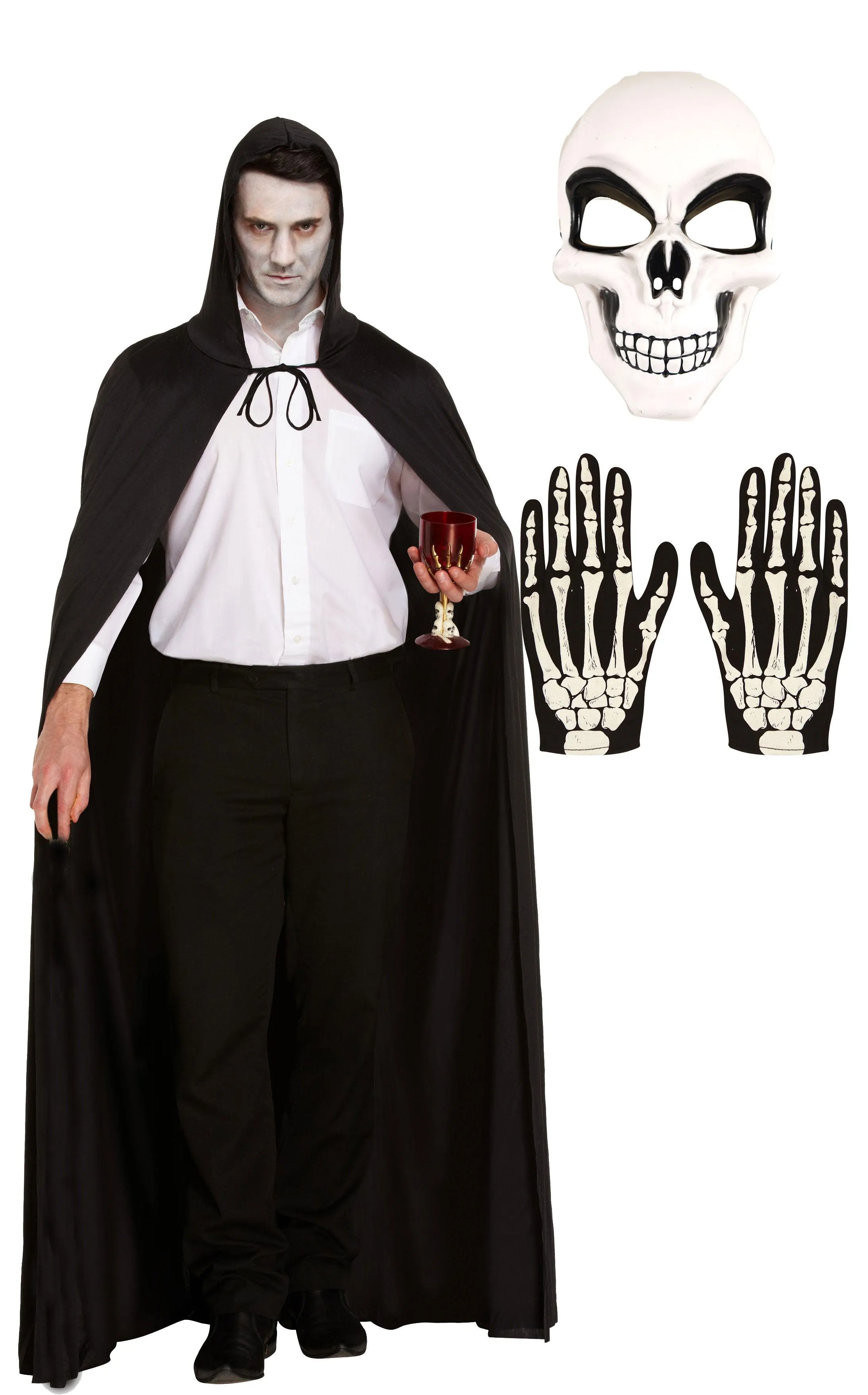 Long Black Cape with Hood, White Skeleton Face Mask, Bone Print Gloves - Halloween Scary Day of the Dead Fancy Dress Set"