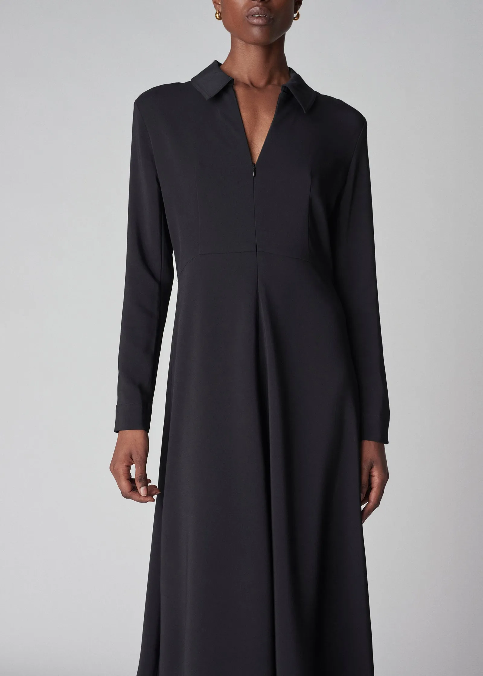 Long Sleeve Shirt Dress in Crepe  - Black