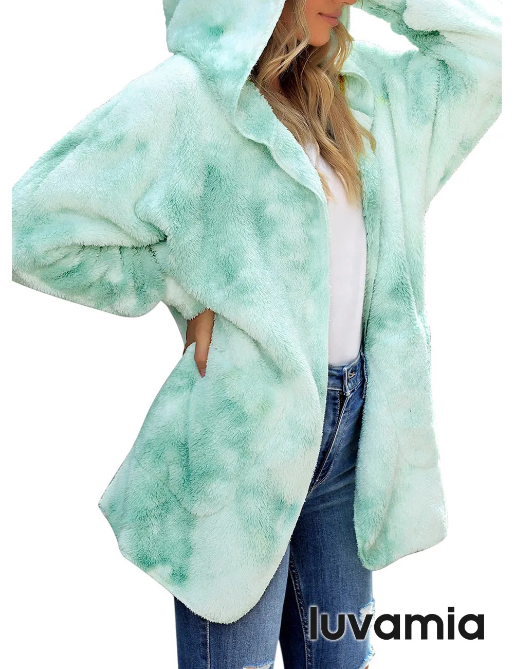 luvamia Women Fuzzy Fleece Open Front Pocket Hooded Cardigan Jacket Coat Outwear