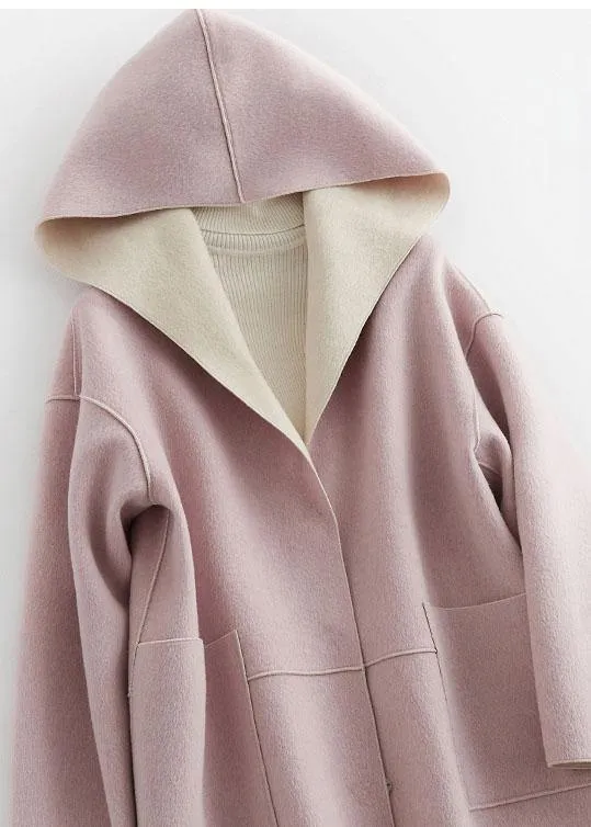 Luxury oversize winter coat hooded woolen outwear pink pockets wool coat