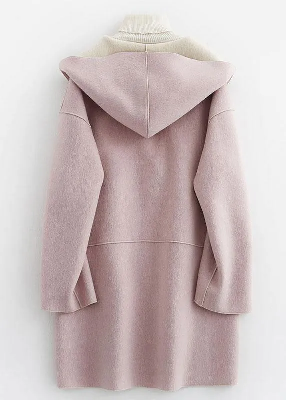 Luxury oversize winter coat hooded woolen outwear pink pockets wool coat