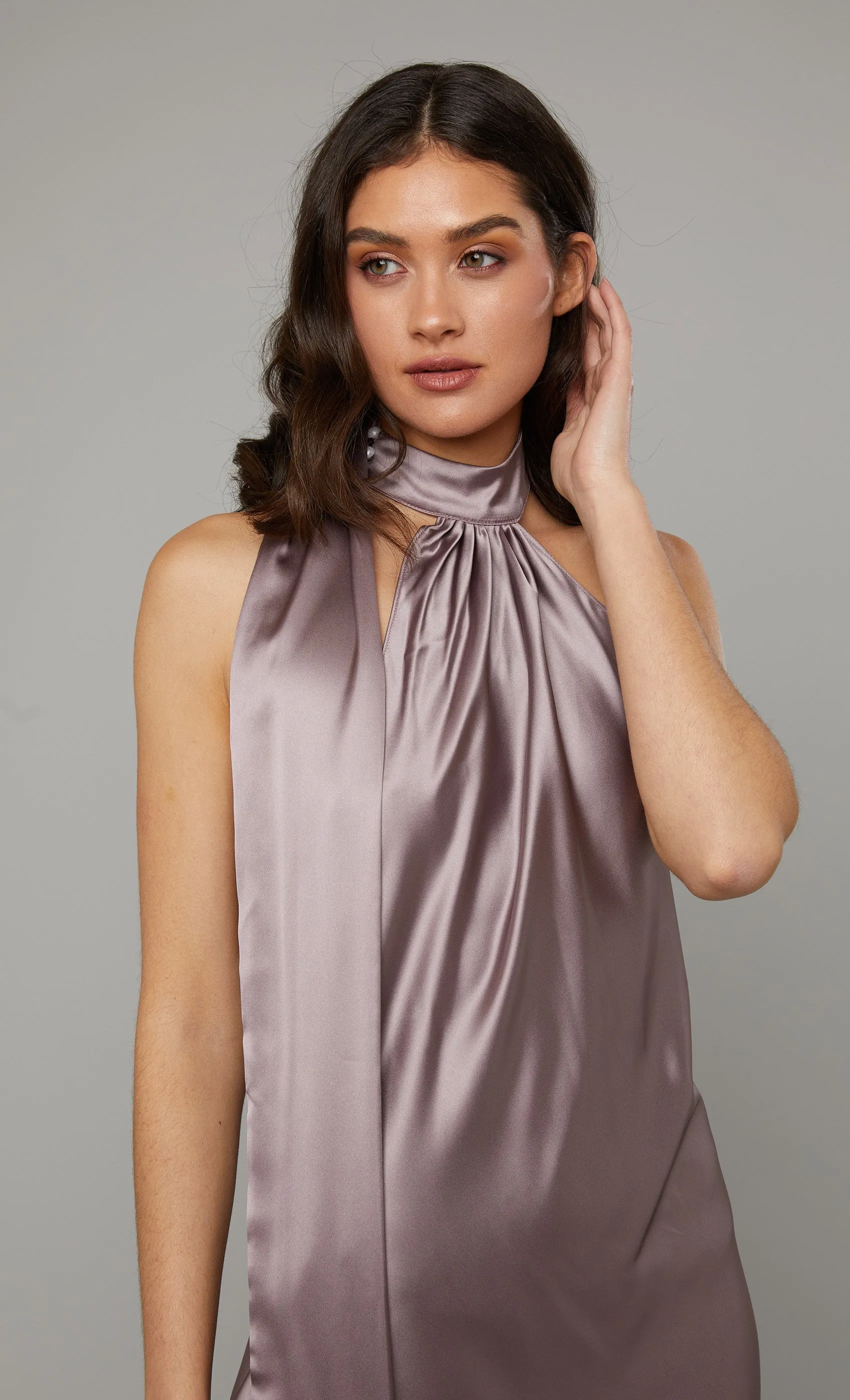 Mauve Halter-Neck Satin Mini Dress