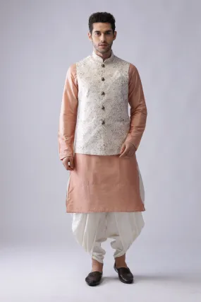 Men Off White Kurta Jacket Dhoti  Set