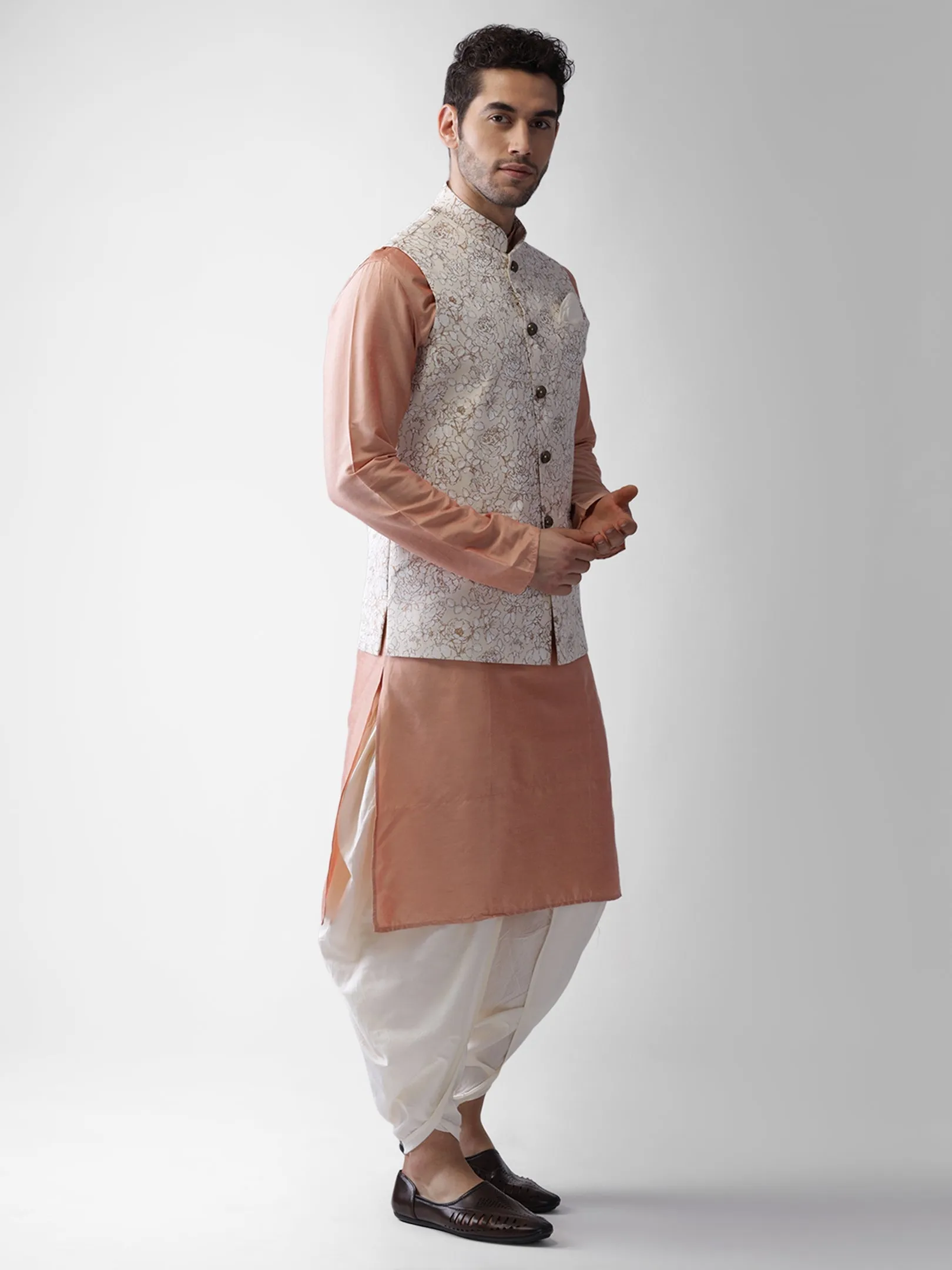 Men Off White Kurta Jacket Dhoti  Set