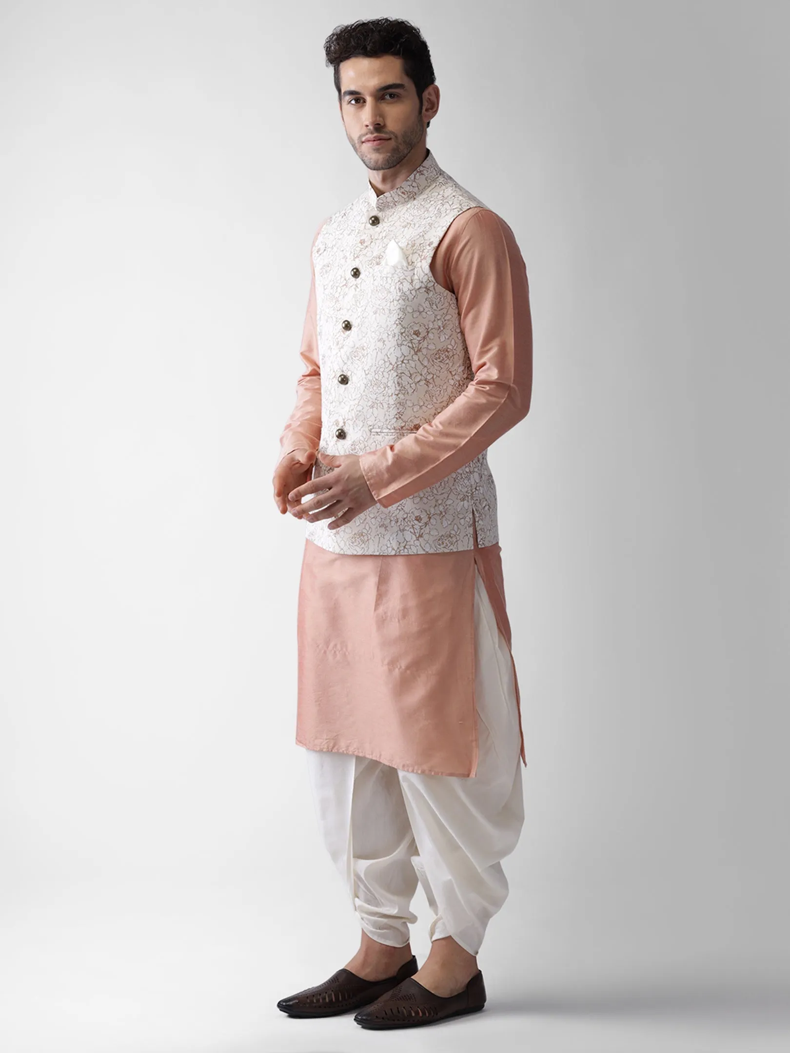 Men Off White Kurta Jacket Dhoti  Set