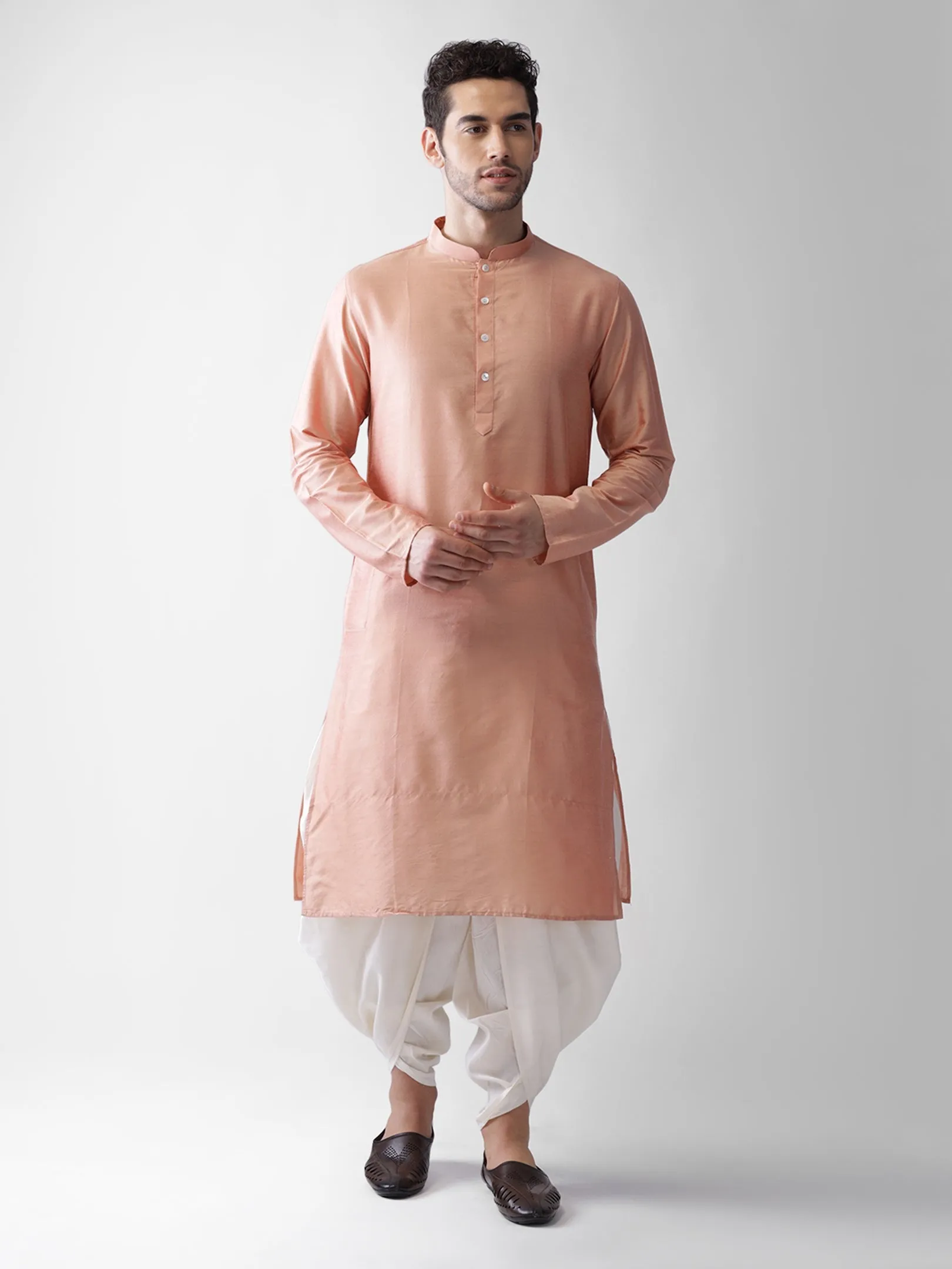 Men Off White Kurta Jacket Dhoti  Set