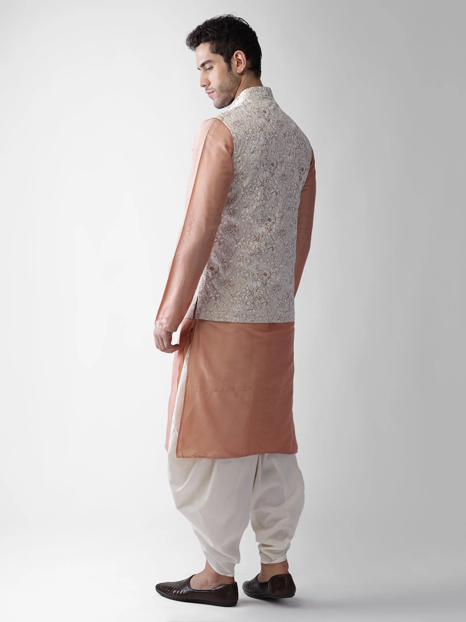 Men Off White Kurta Jacket Dhoti  Set