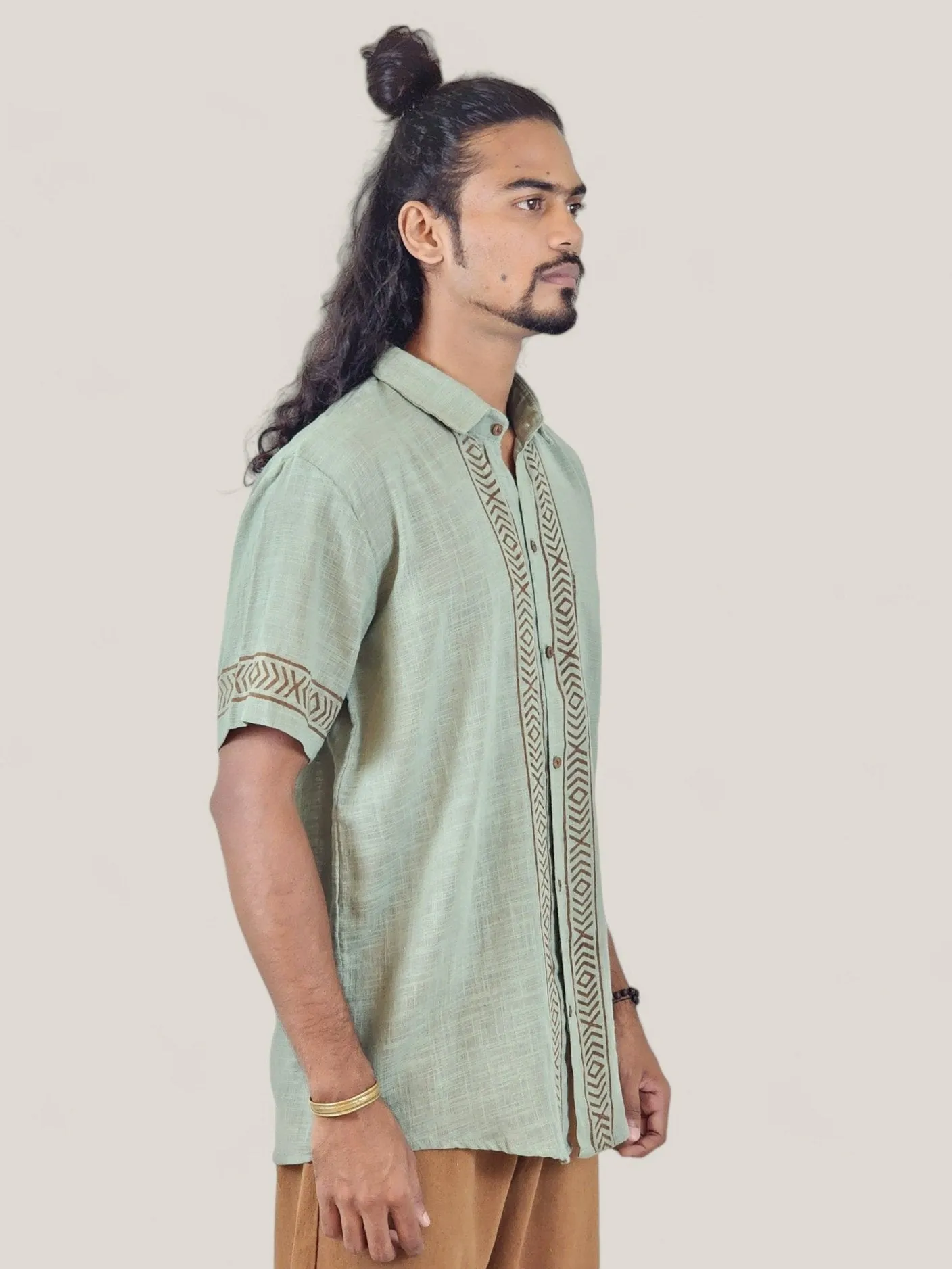 Men's Sage Organic Linen Short Sleeve Block-Printed Button-Down Shirt