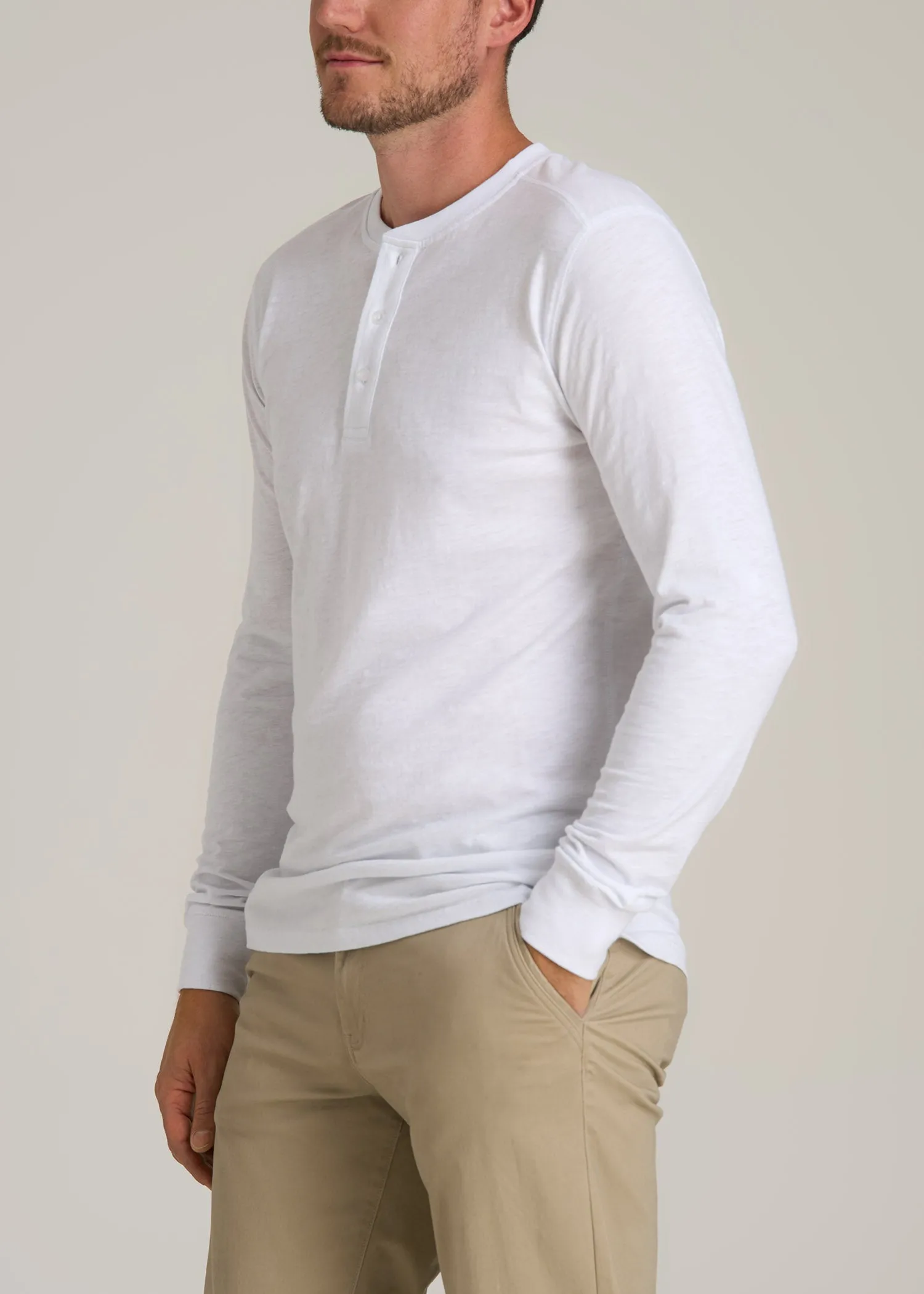 Men's Tall Three Button Long Sleeve Slub Henley in White