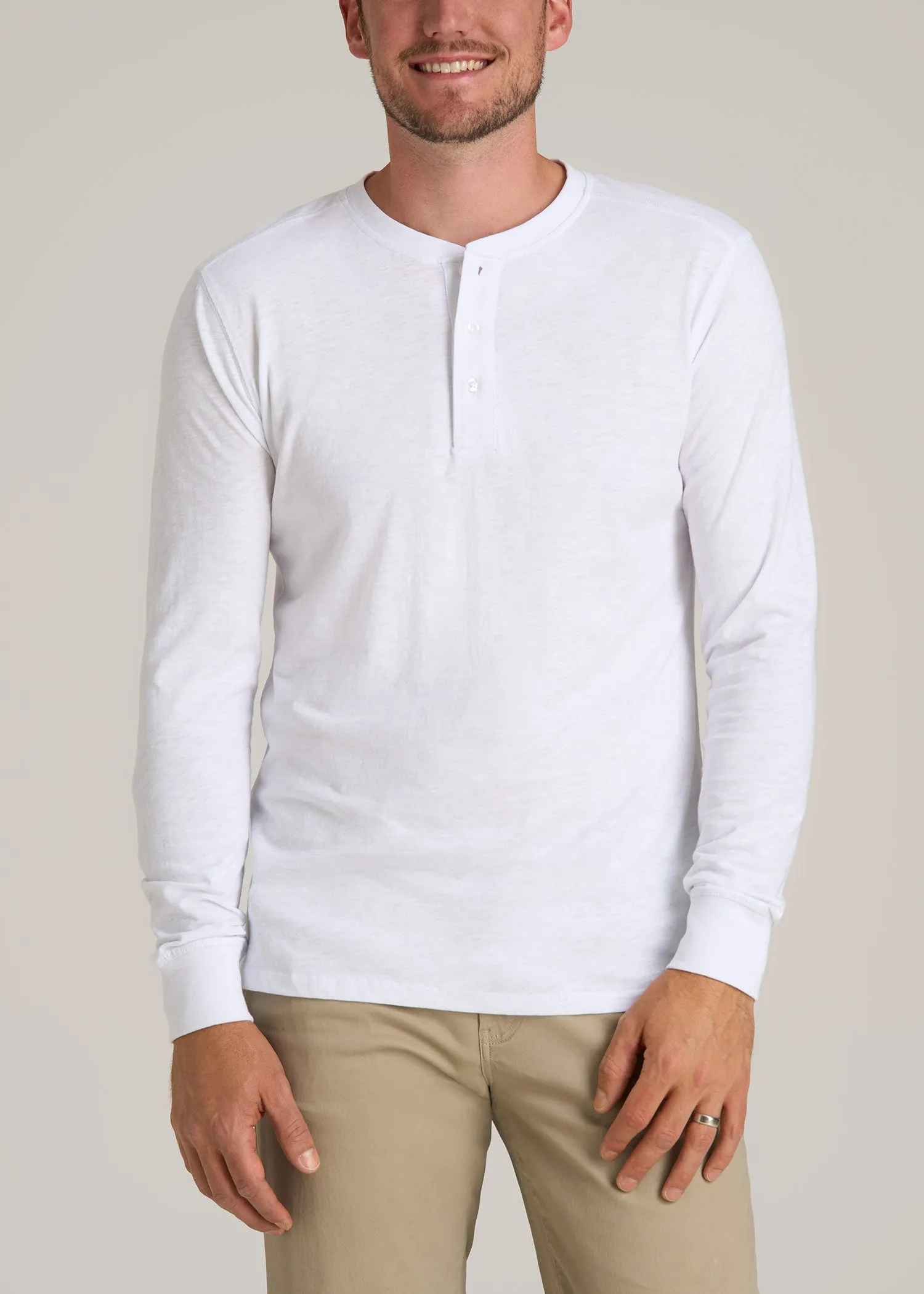 Men's Tall Three Button Long Sleeve Slub Henley in White