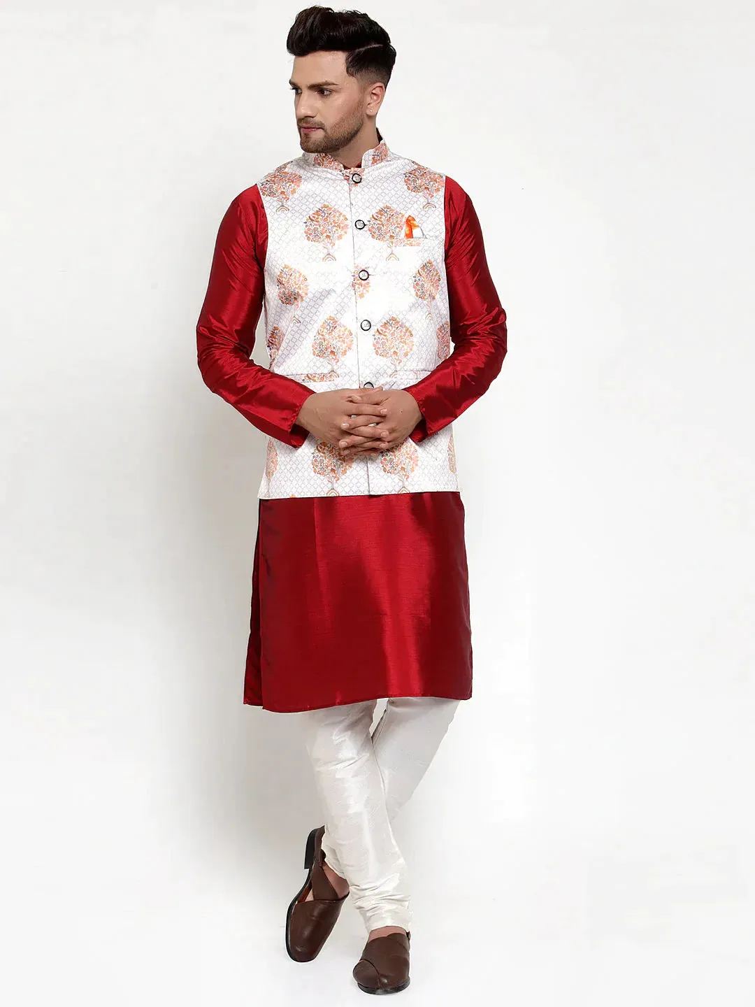 Men'S White Printed Nehru Jacket