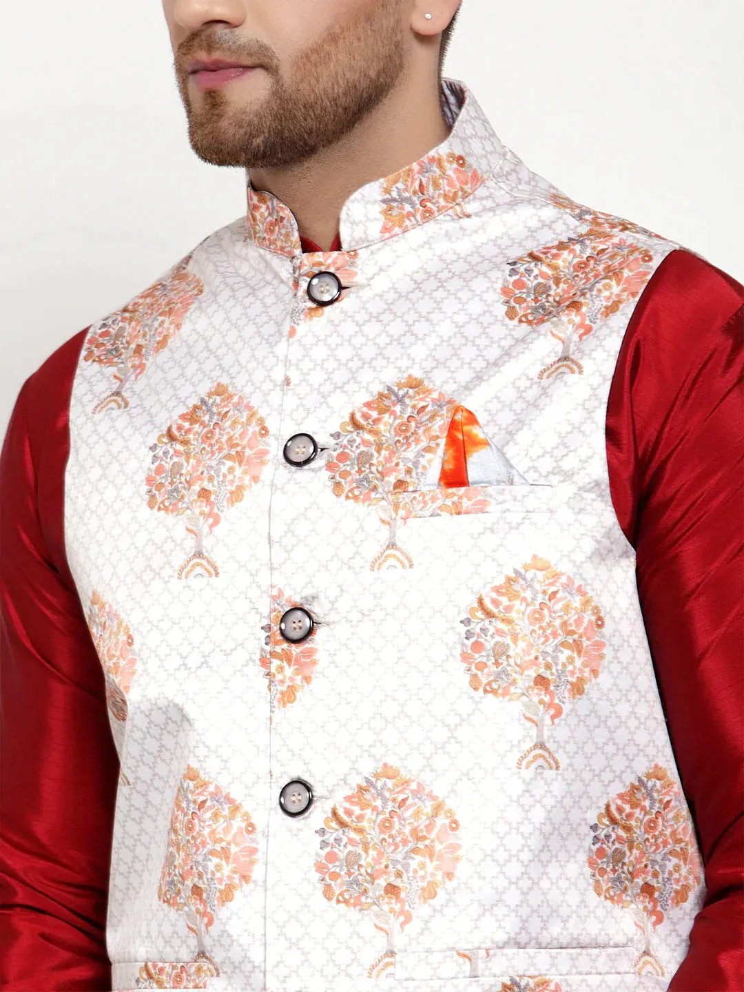 Men'S White Printed Nehru Jacket