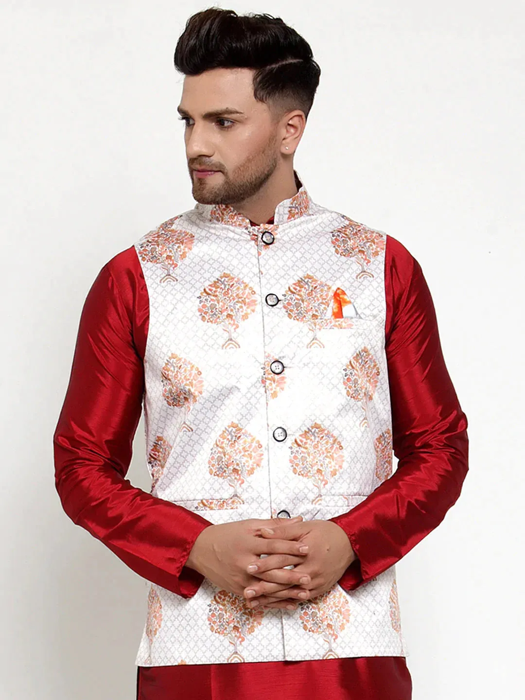 Men'S White Printed Nehru Jacket