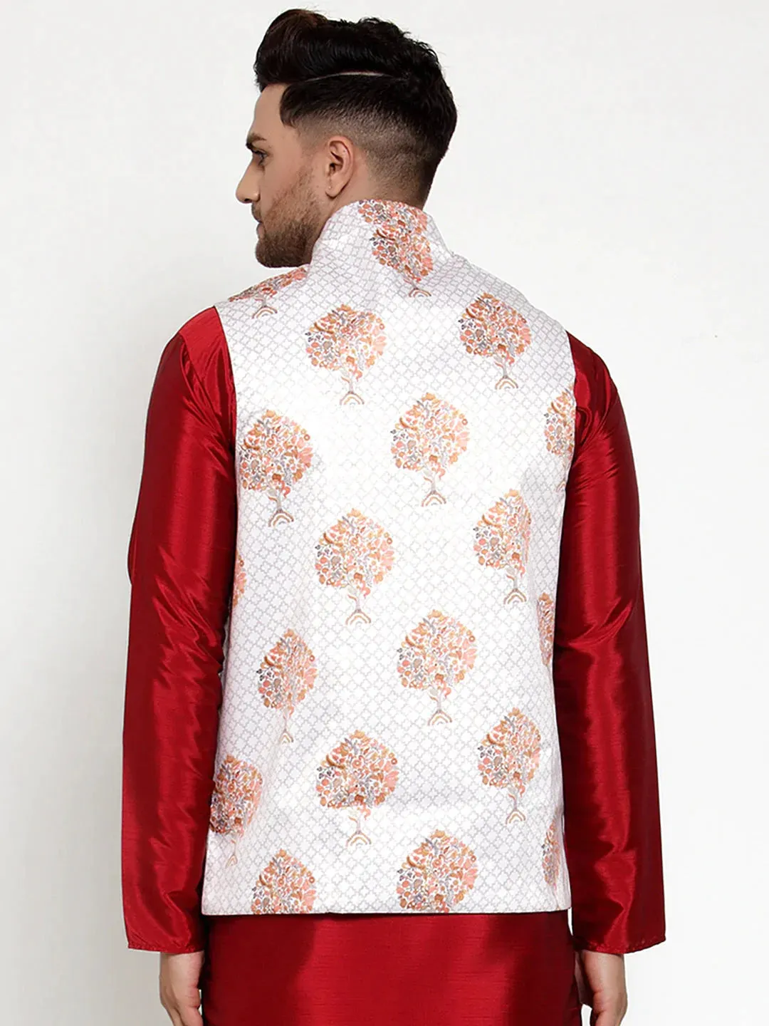 Men'S White Printed Nehru Jacket