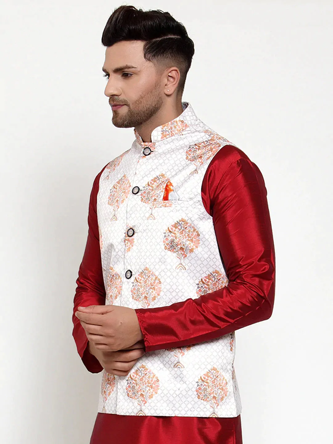 Men'S White Printed Nehru Jacket