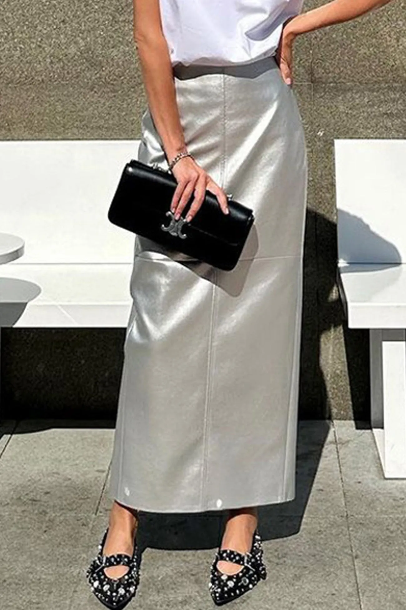 Metallic Color Pu Pack Hip Midi Skirt