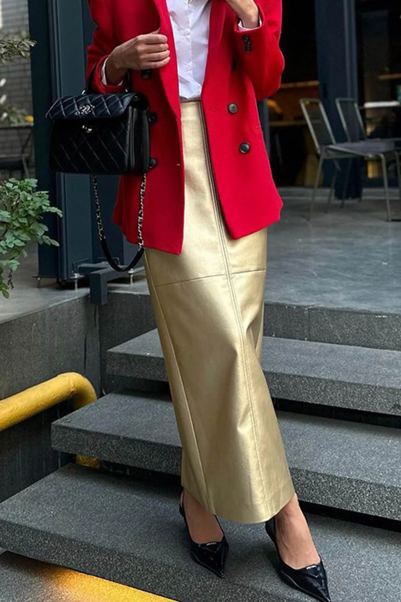 Metallic Color Pu Pack Hip Midi Skirt