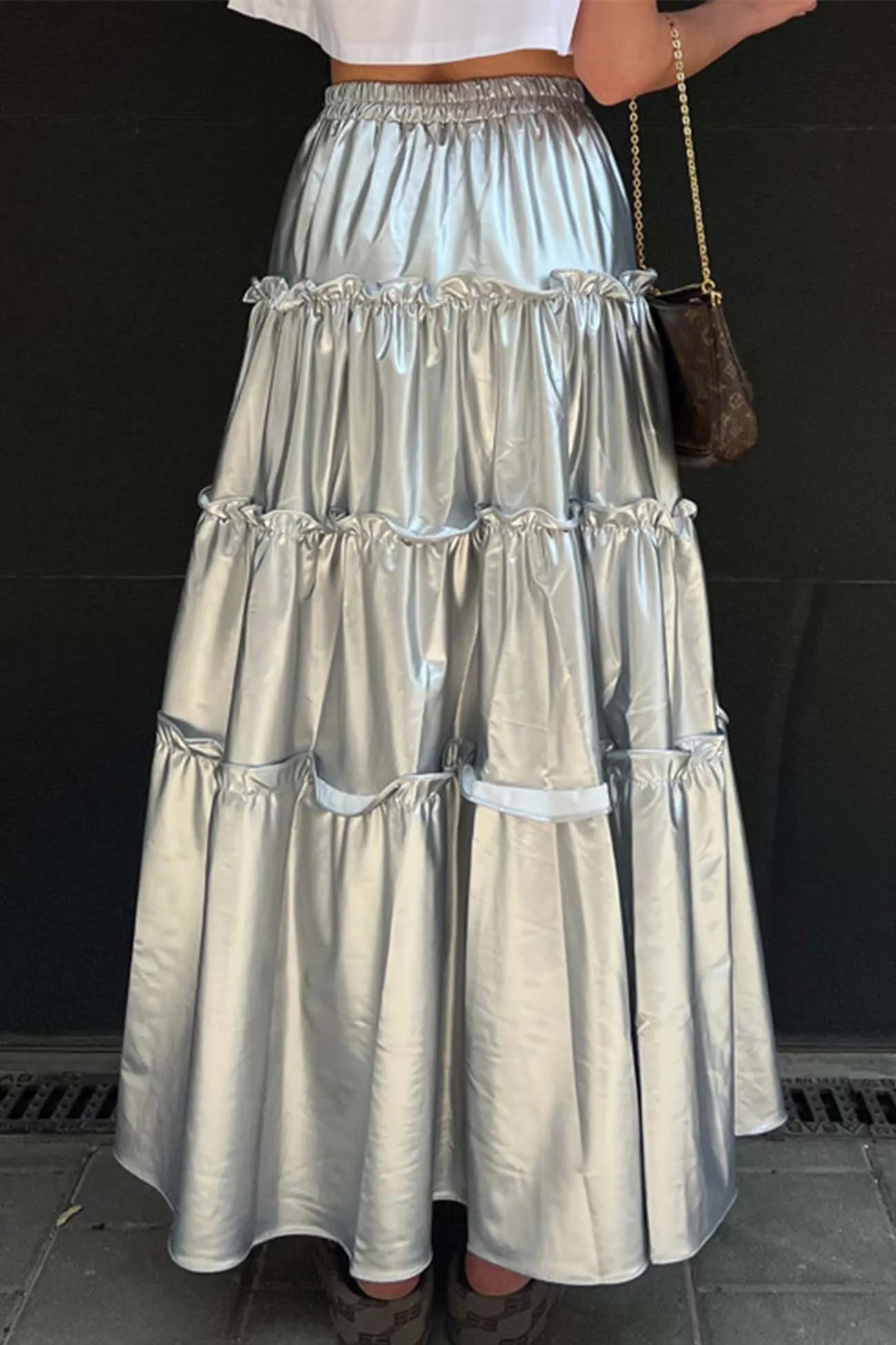 Metallic Ruched Tiered Skirt