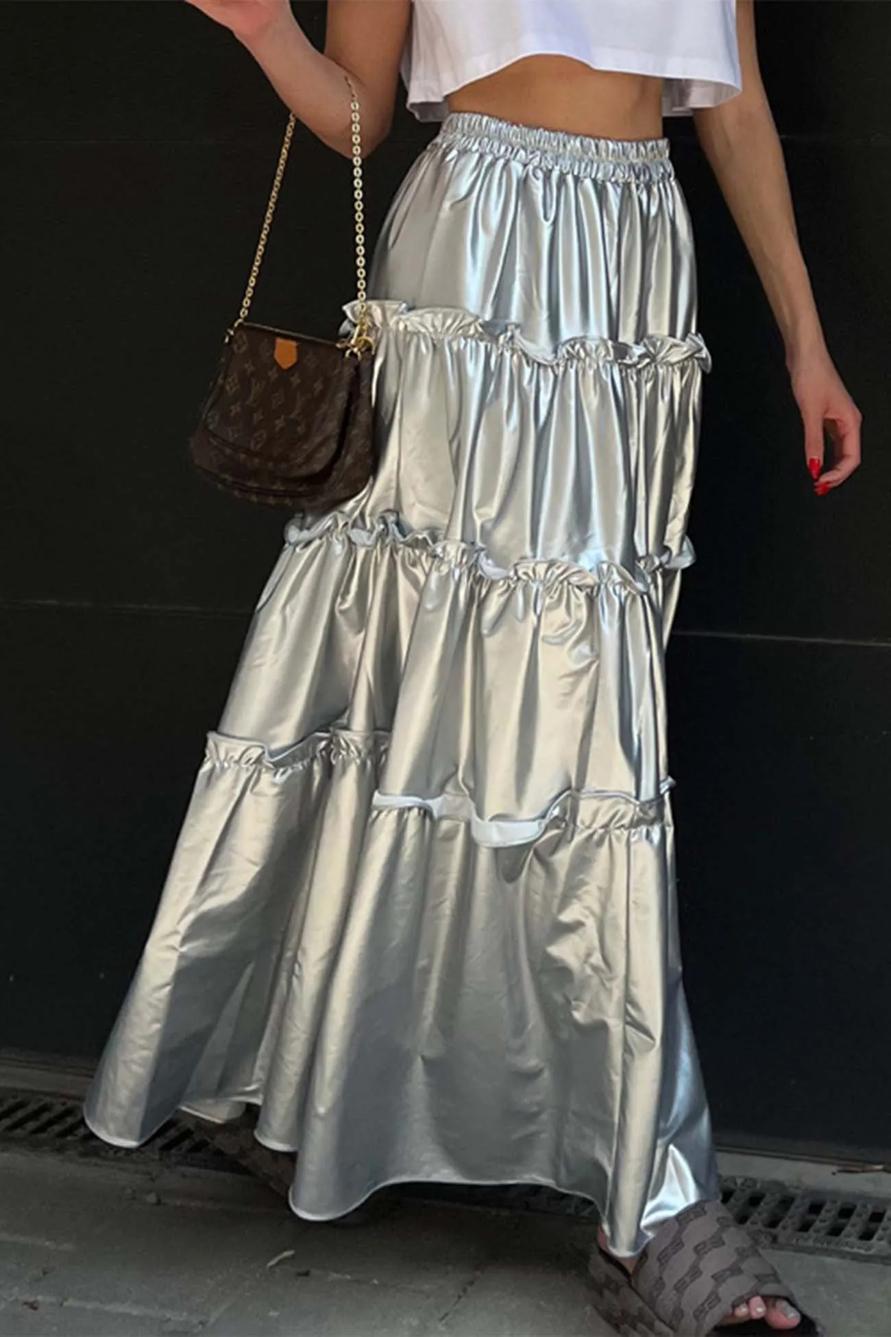 Metallic Ruched Tiered Skirt