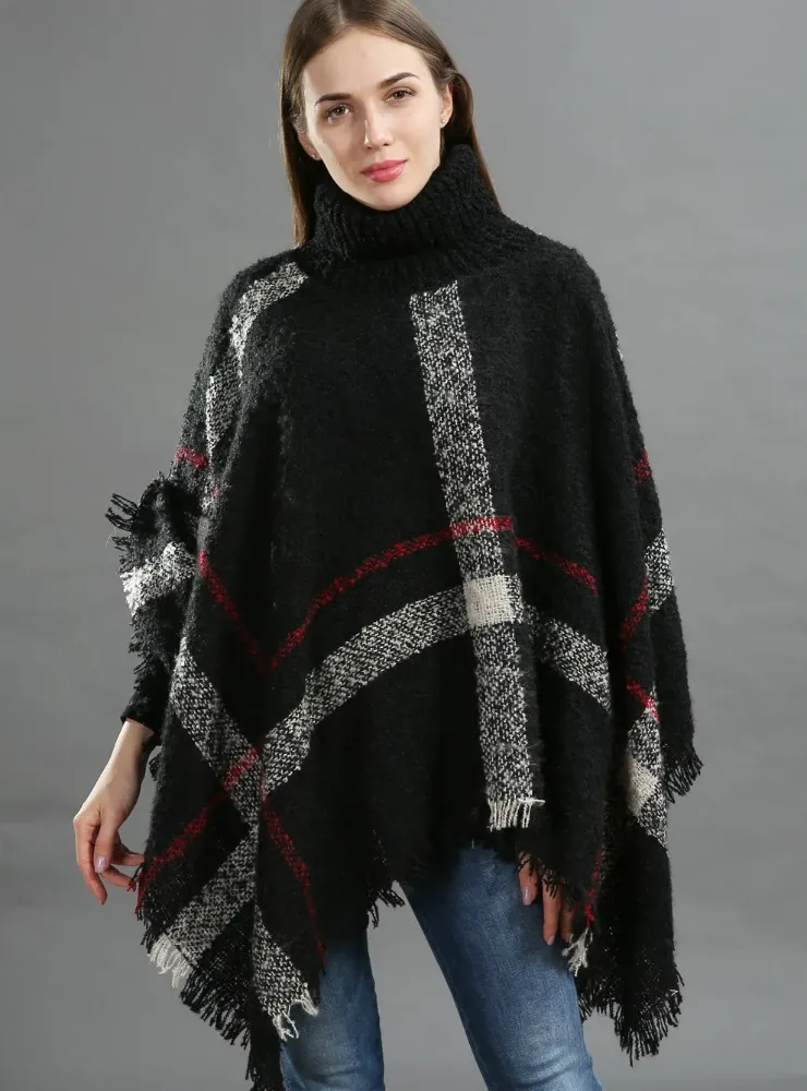 MIDDLE LENGTH HIGH-NECKED KNITWEAR CAPE SHAWL BLOUSE