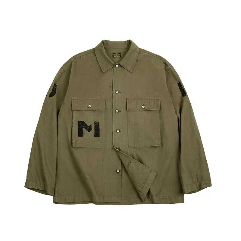 Military Vintage Shirt Jackets for Men - Loose Herringbone Cotton Army Letters Graffiti Jacket