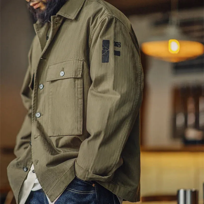 Military Vintage Shirt Jackets for Men - Loose Herringbone Cotton Army Letters Graffiti Jacket