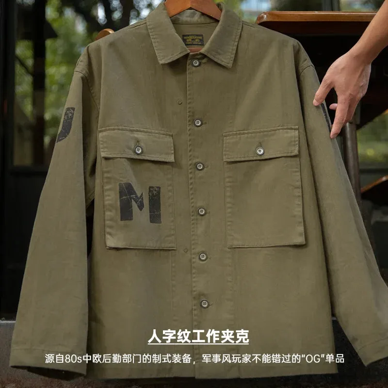 Military Vintage Shirt Jackets for Men - Loose Herringbone Cotton Army Letters Graffiti Jacket