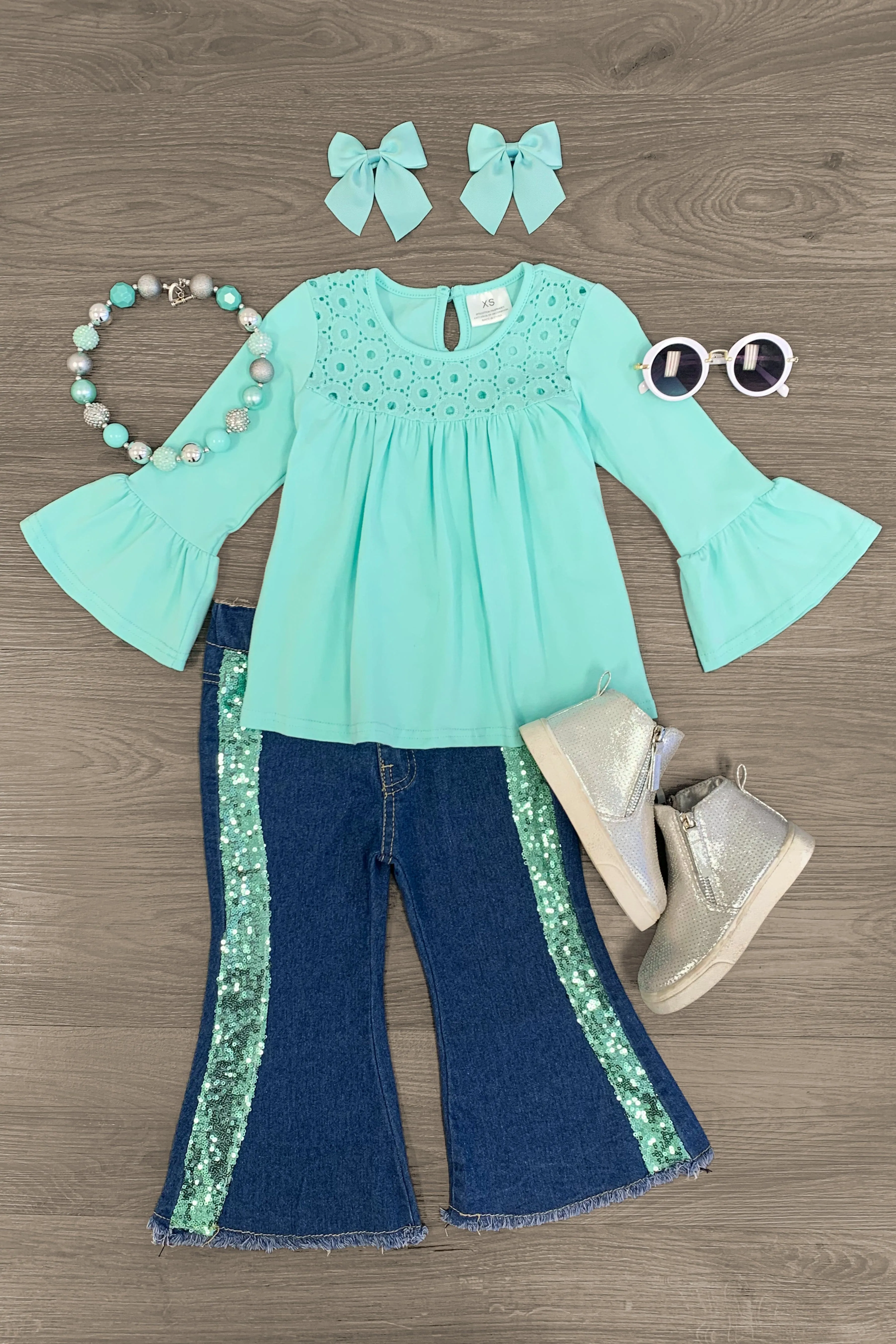 Mint Eyelet Lace Sequin Denim Flare Set