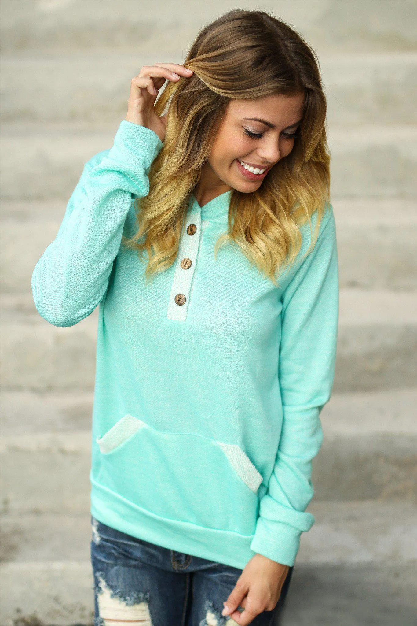 Mint Hoodie with Buttons