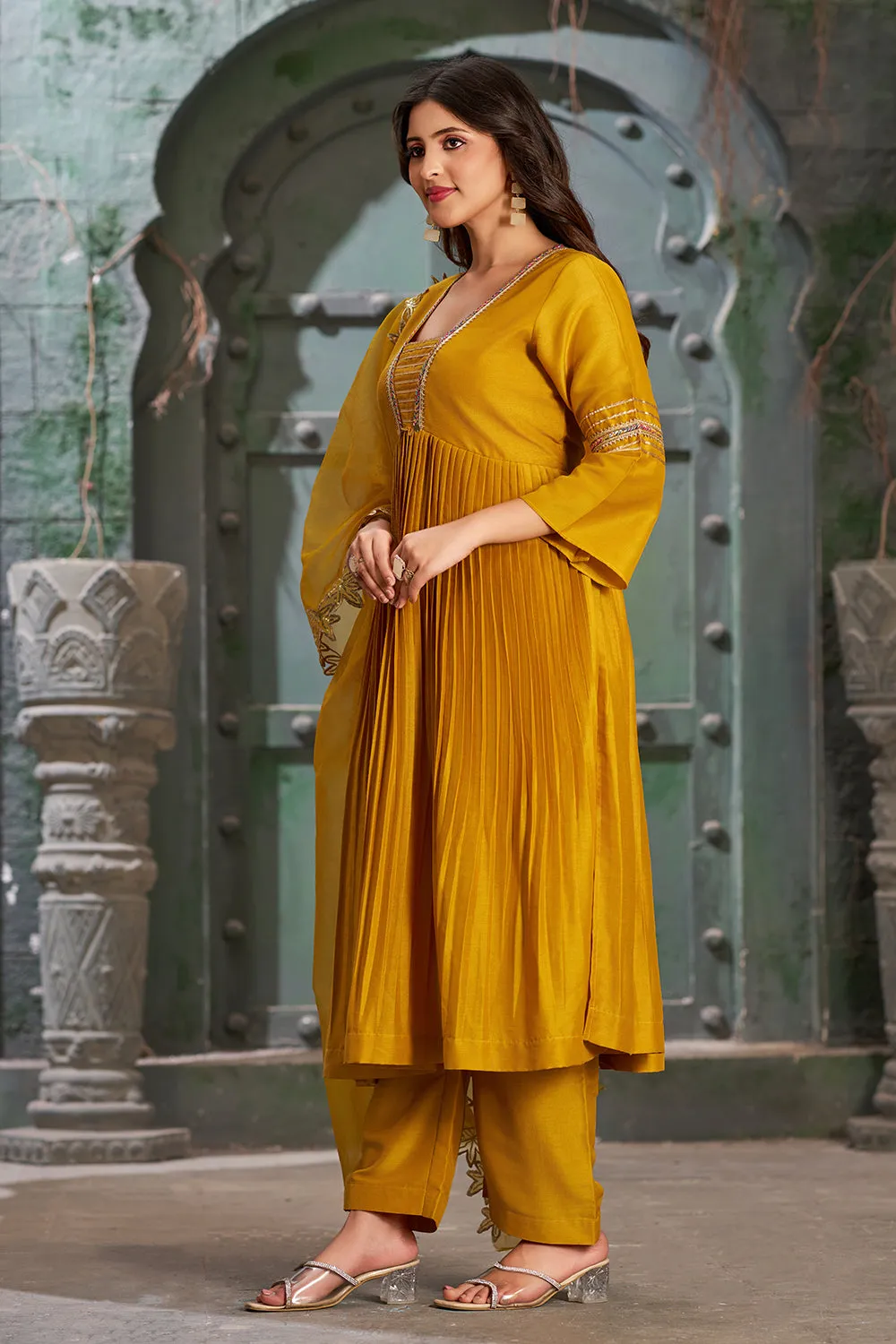 Mustard Alia Cut Anarkali Art Silk Kurta Set with Trousers and Dupatta