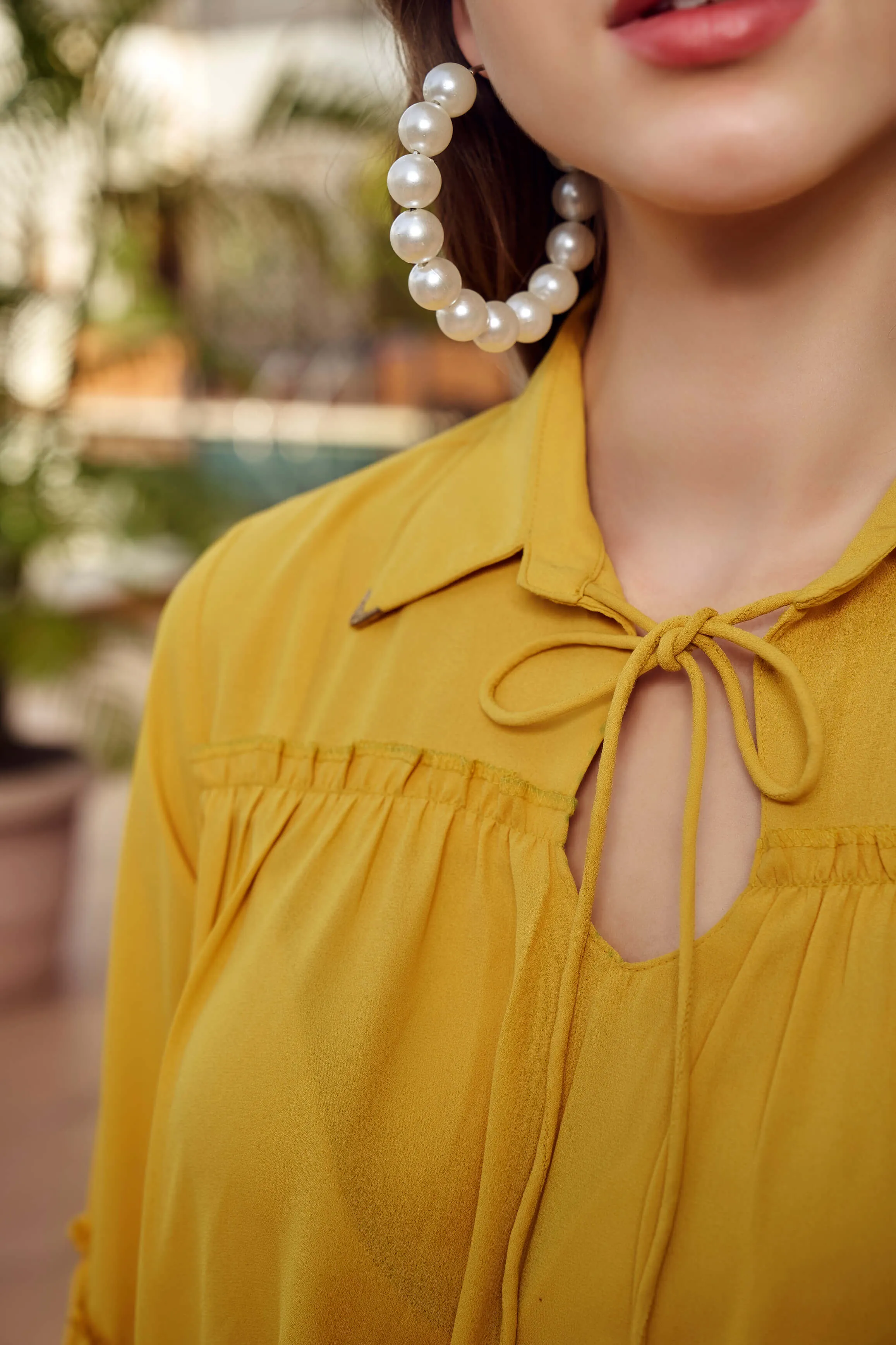 Mustard Flarred Tie Up Blouson Top