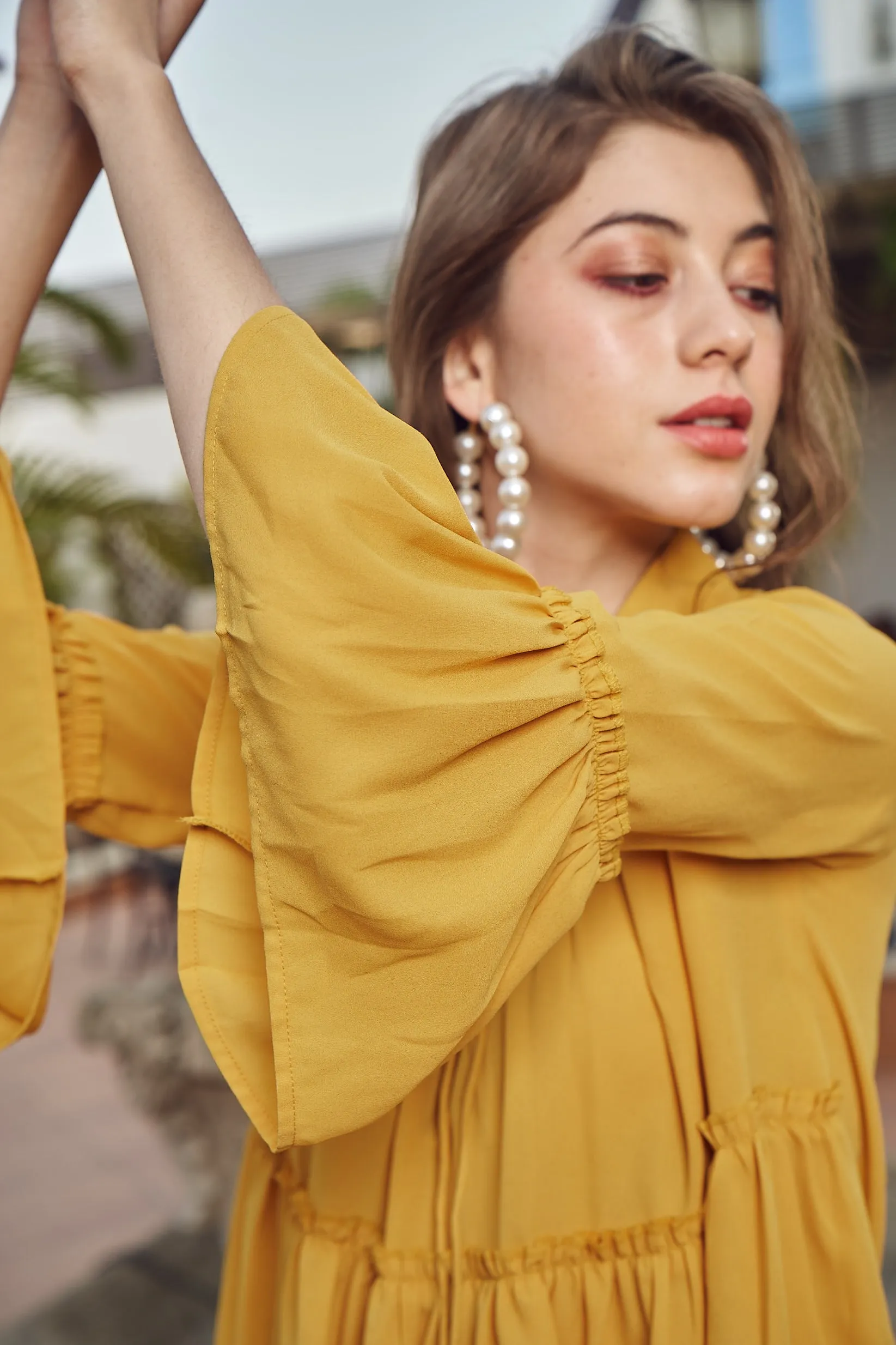 Mustard Flarred Tie Up Blouson Top