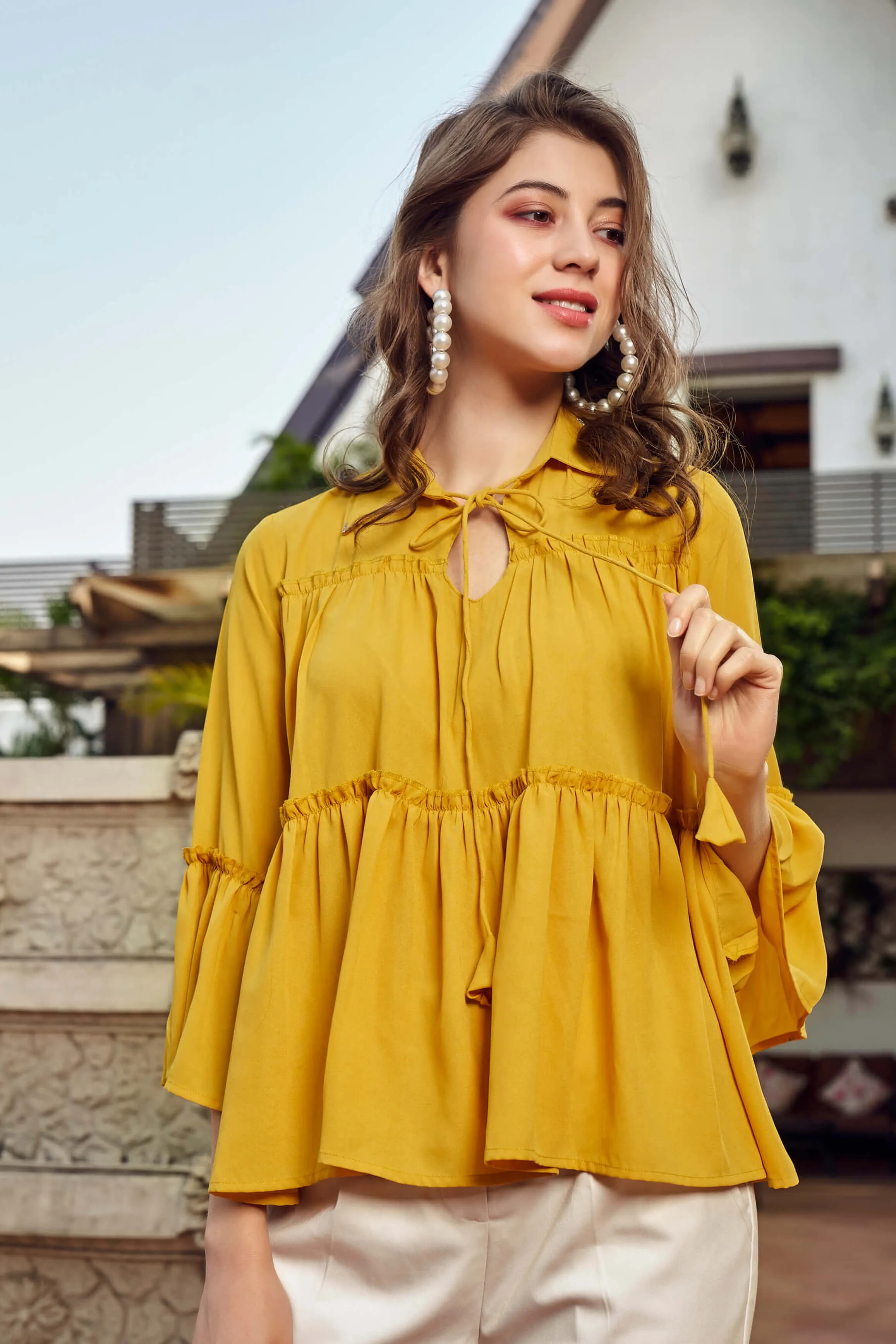 Mustard Flarred Tie Up Blouson Top