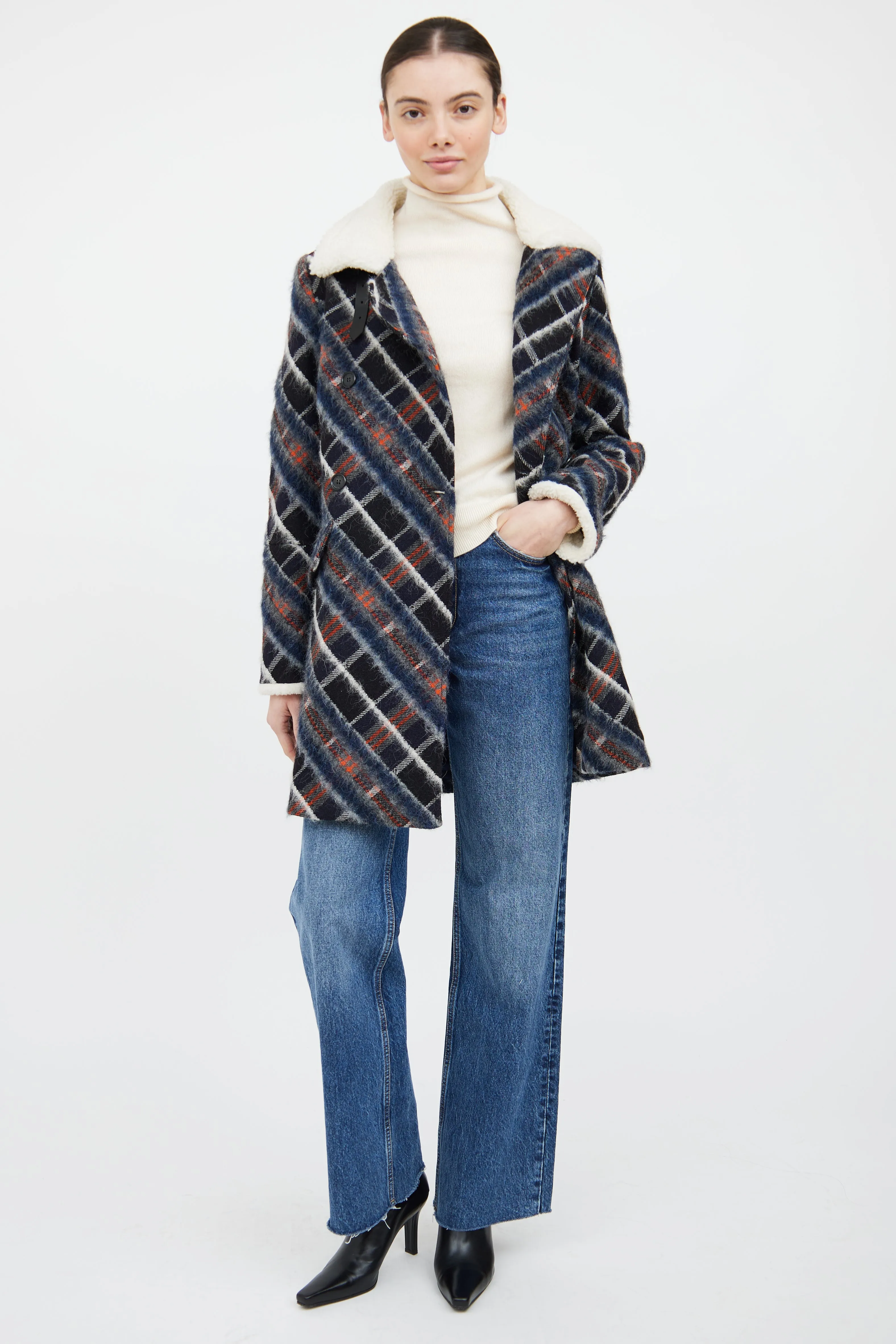 Navy & Multi Wool Blend Plaid Coat