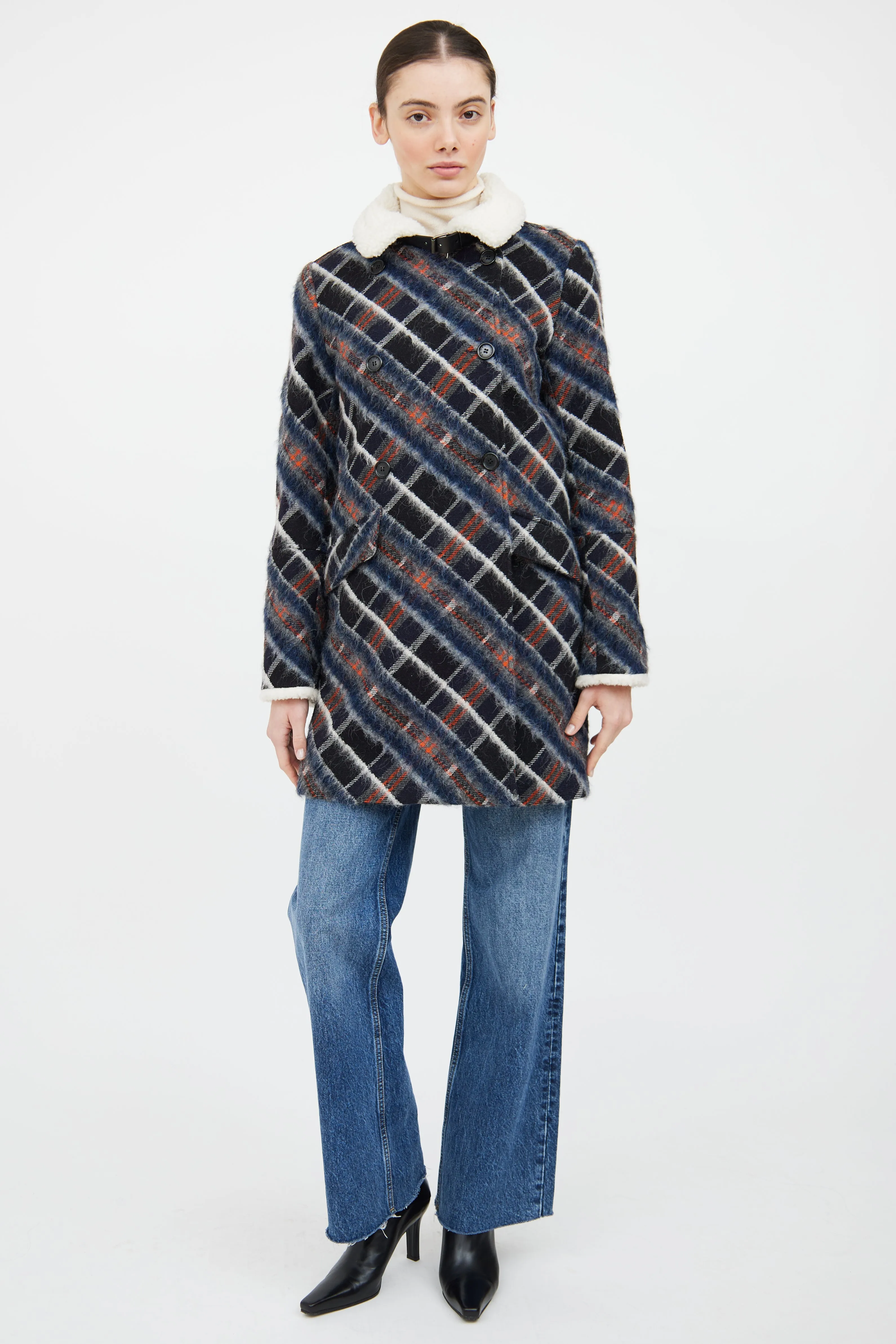 Navy & Multi Wool Blend Plaid Coat