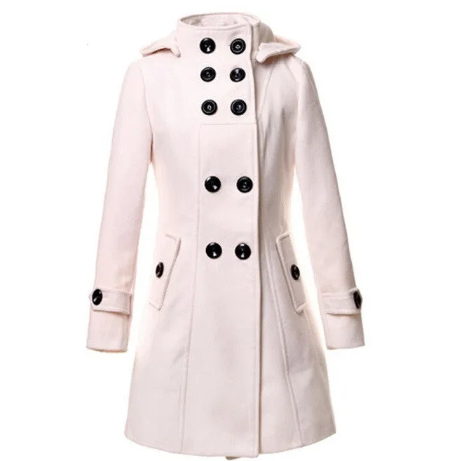 New Fashion Winter Wool Coat Women Coat Women's Slim Long Blend Hooded Collor Double Breasted Coat Outerwear