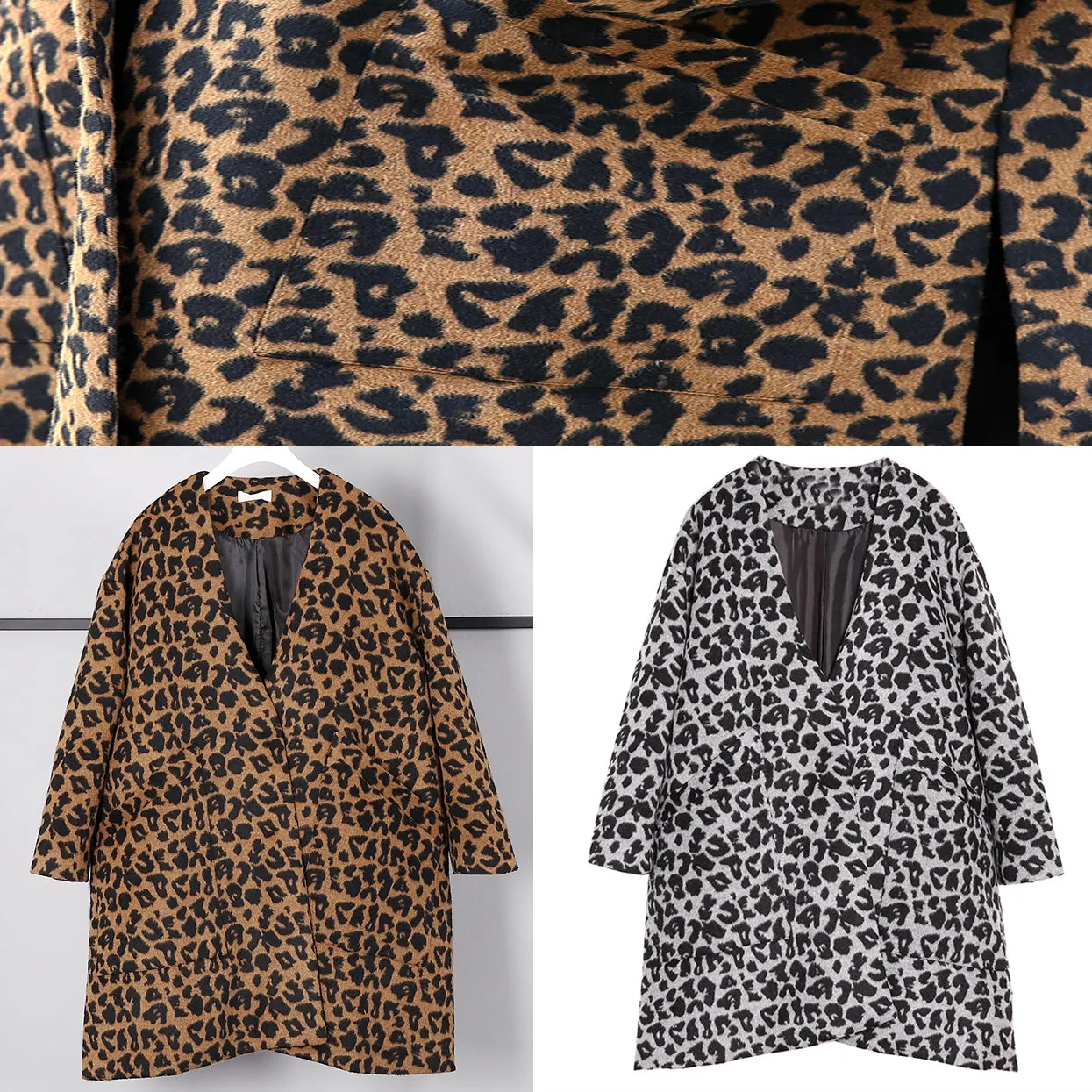 New gray Leopard Coats plus size v neck pockets Winter coat 2021 side open coat