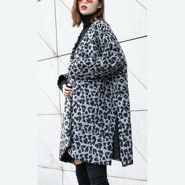 New gray Leopard Coats plus size v neck pockets Winter coat 2021 side open coat