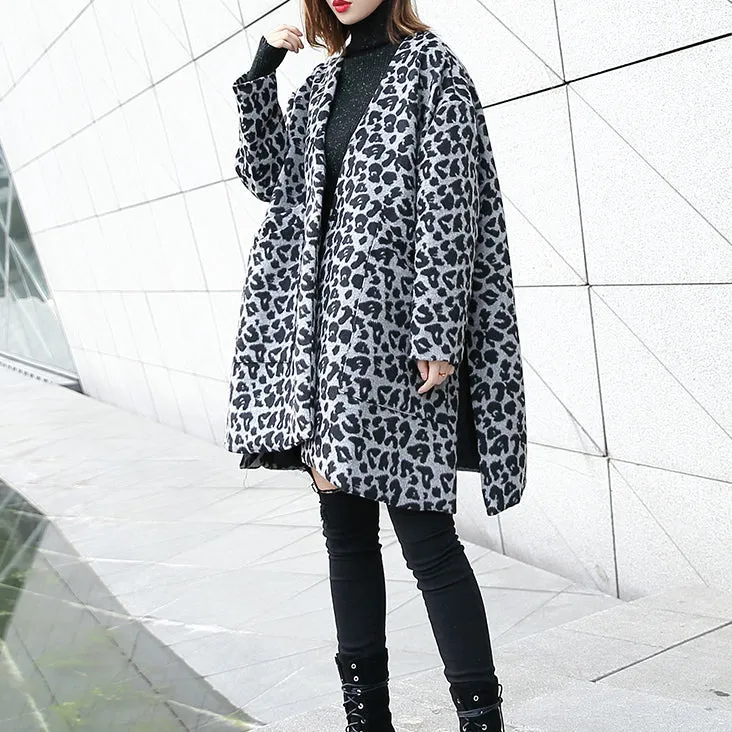 New gray Leopard Coats plus size v neck pockets Winter coat 2021 side open coat