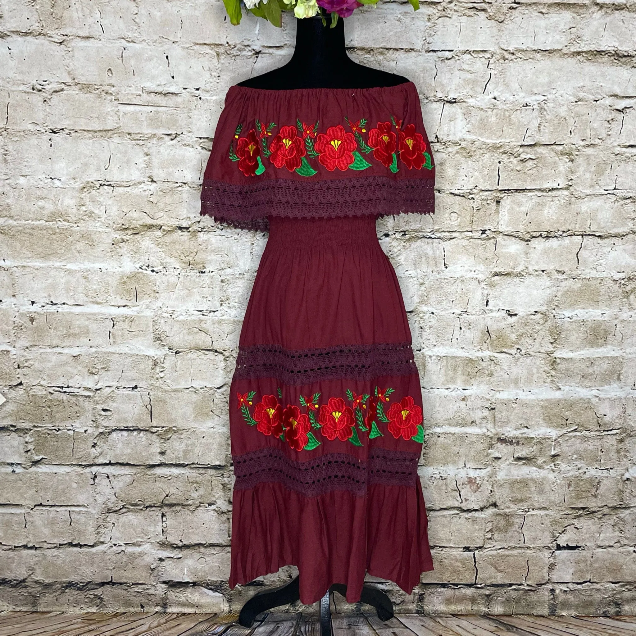 Off Shoulder Laced Midi Dress - Red Roses