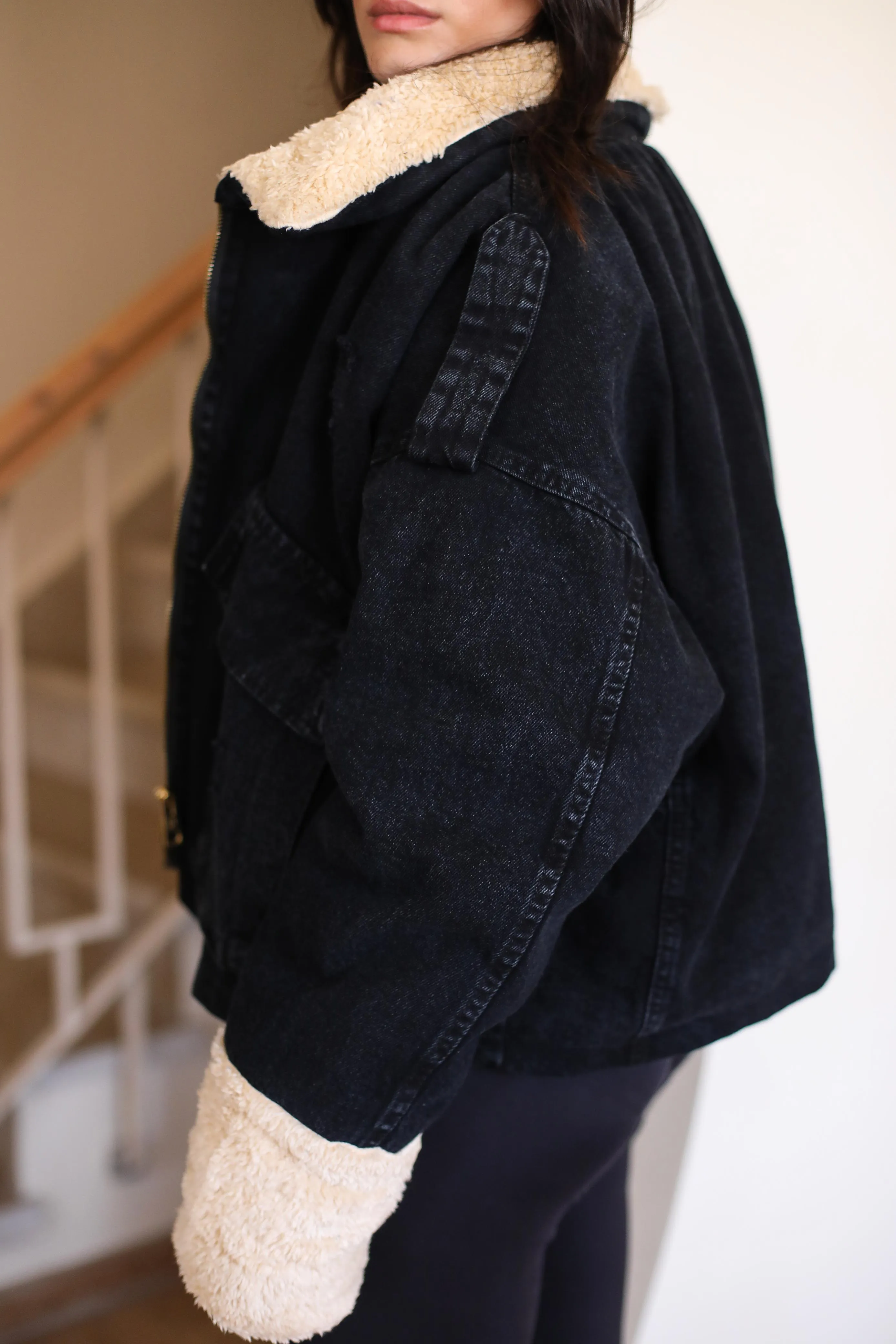 Oversized denim fur jacket- black