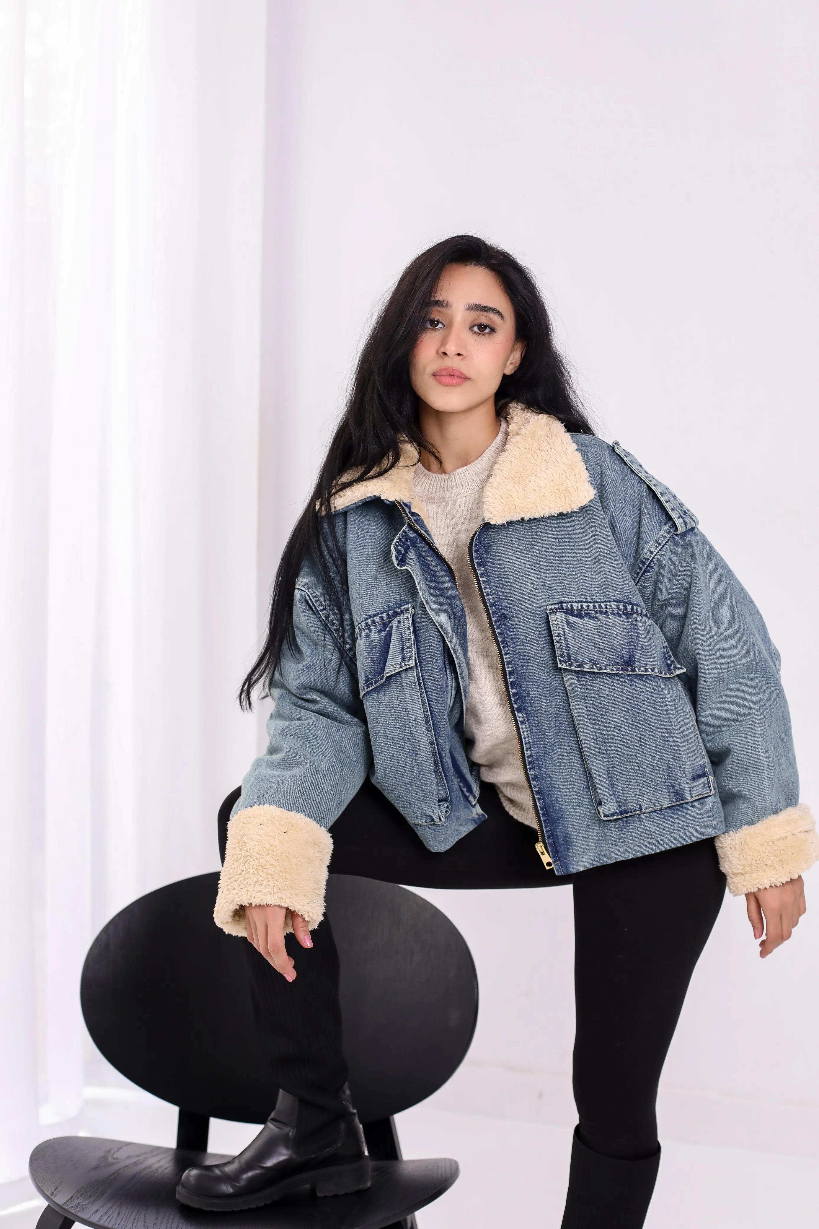 Oversized denim fur jacket - dirty blue