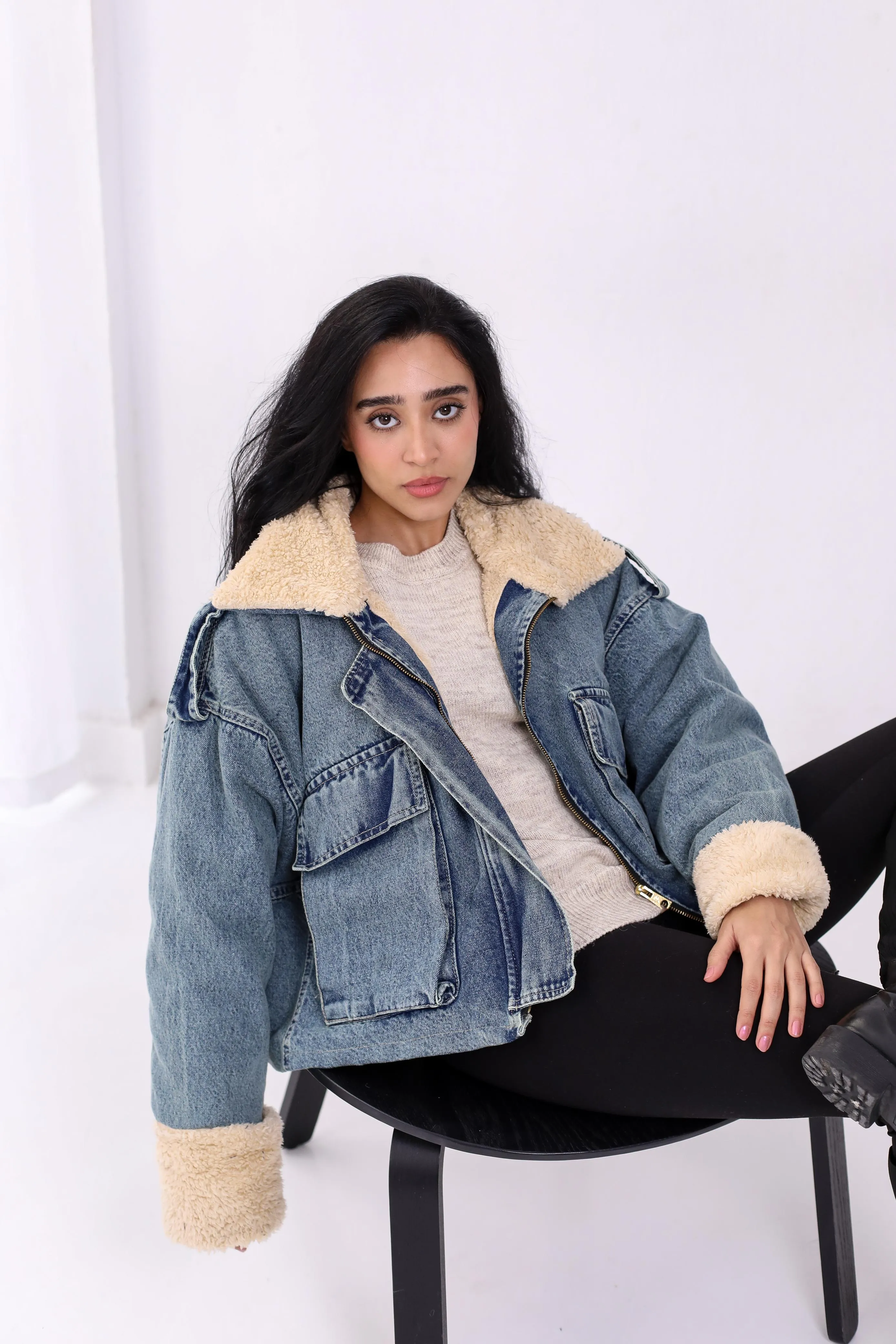 Oversized denim fur jacket - dirty blue