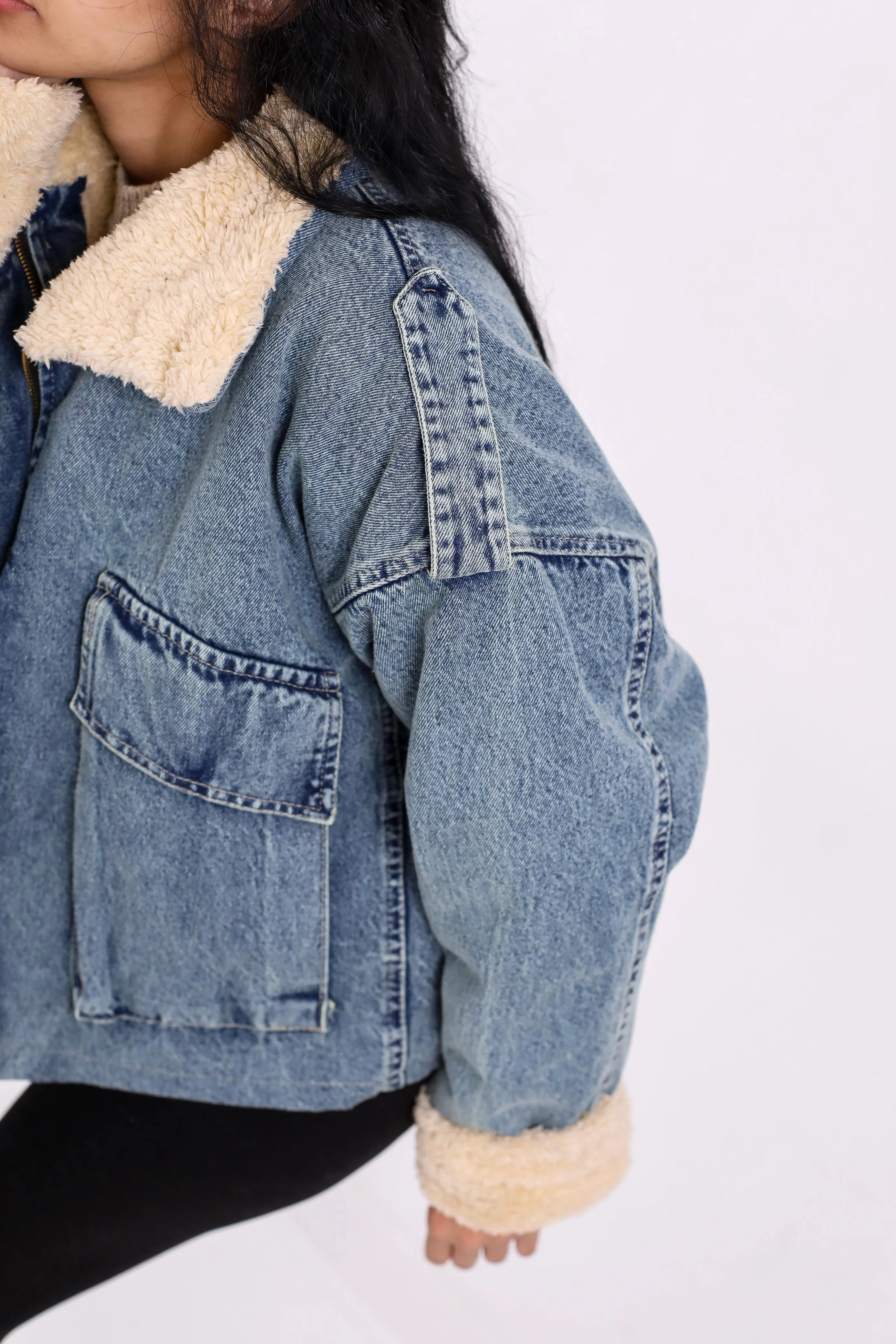 Oversized denim fur jacket - dirty blue