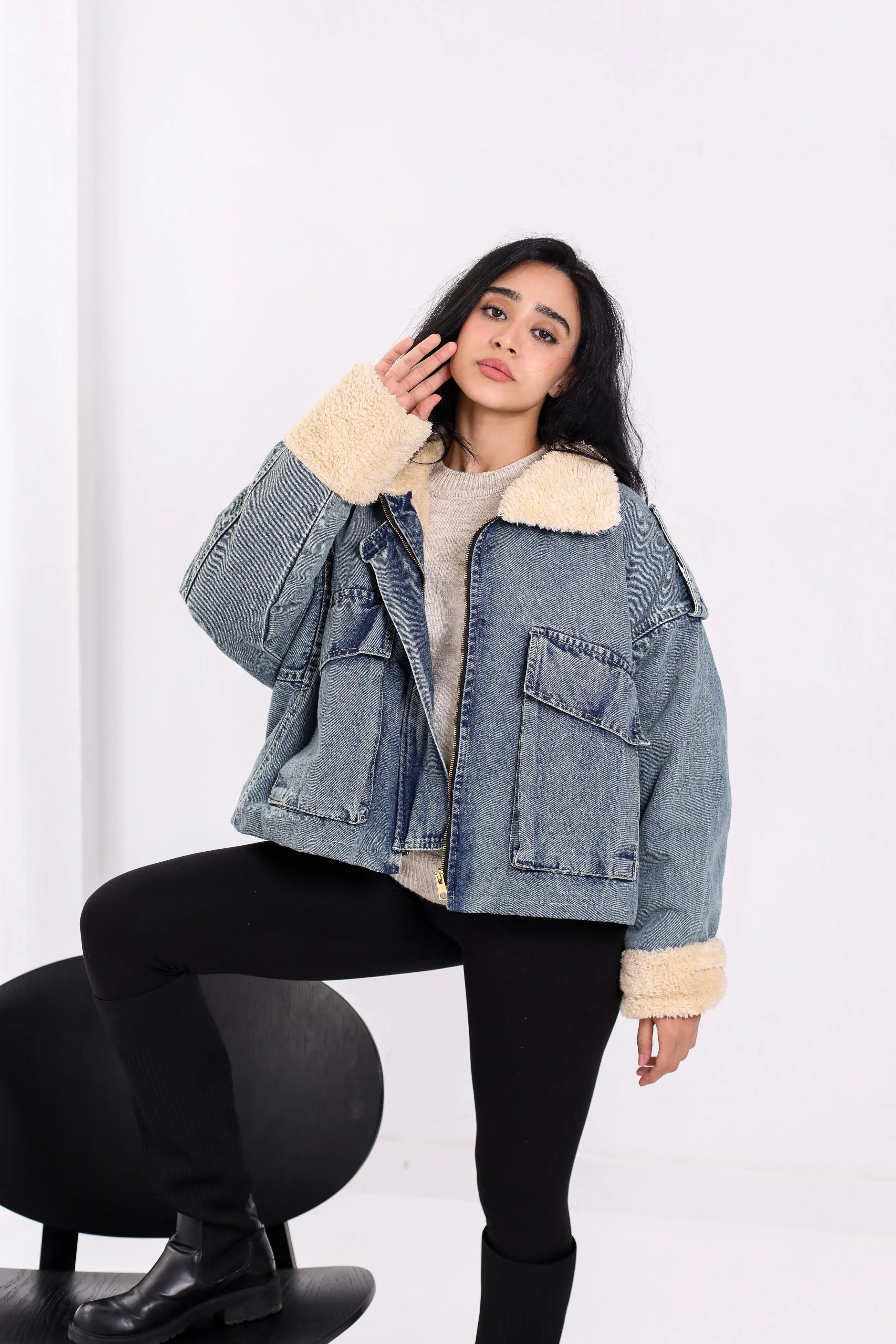 Oversized denim fur jacket - dirty blue