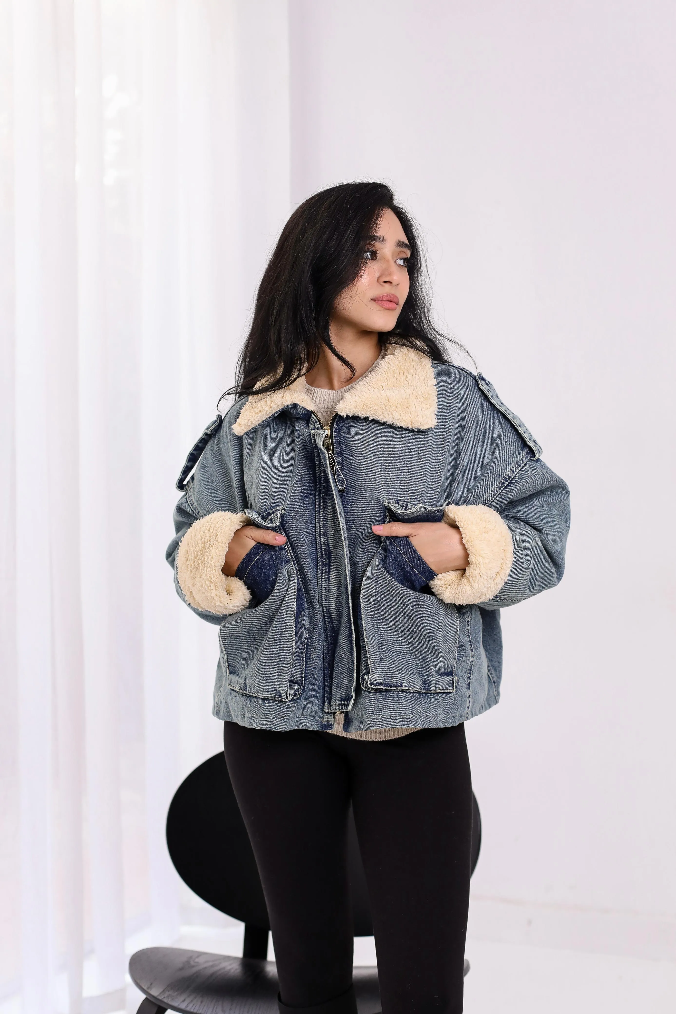 Oversized denim fur jacket - dirty blue